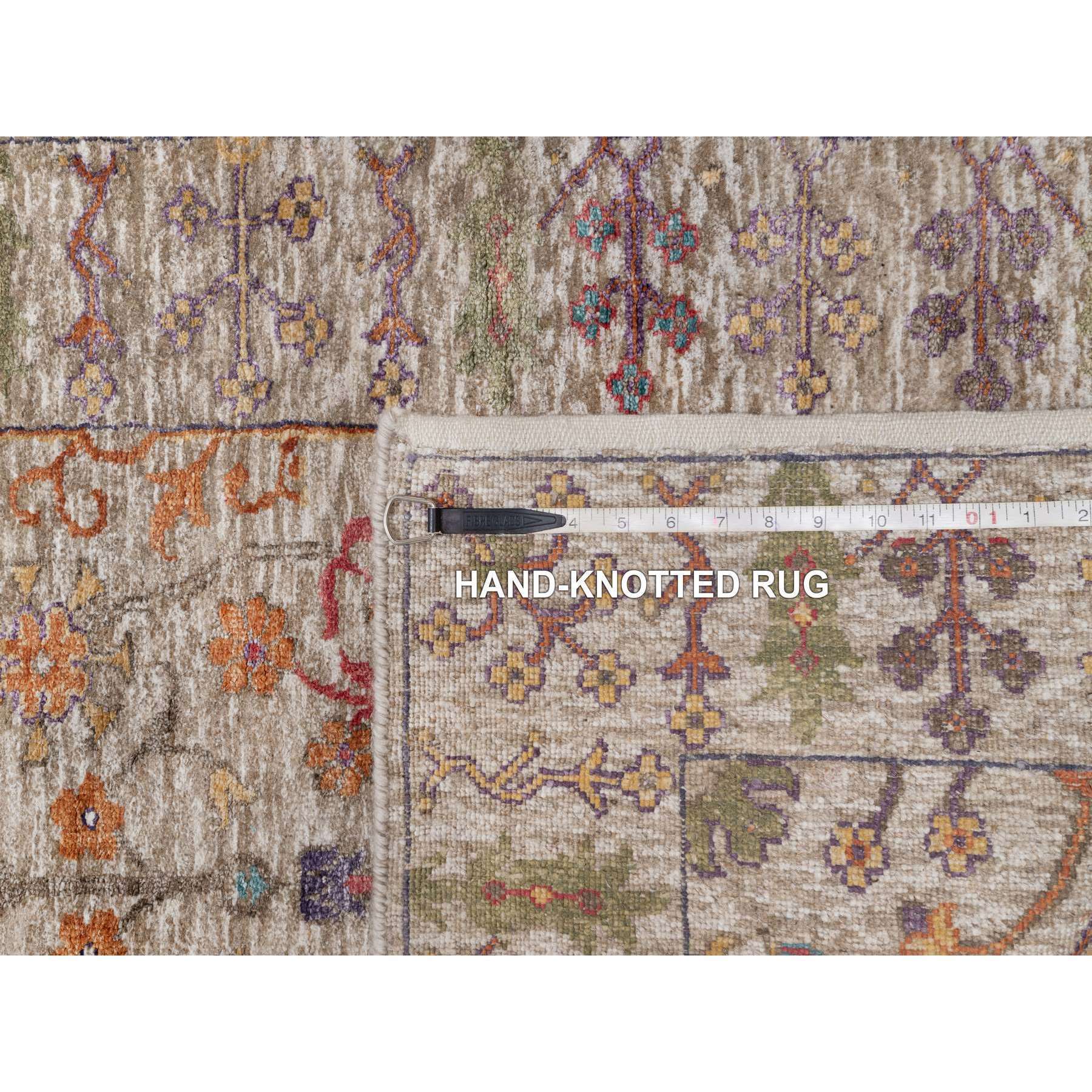 2'7"x23'9" Rice White with Brown, Hand Knotted, Directional Vase Design, Silk with Textured Wool, XL Runner, Oriental Rug Sh91160