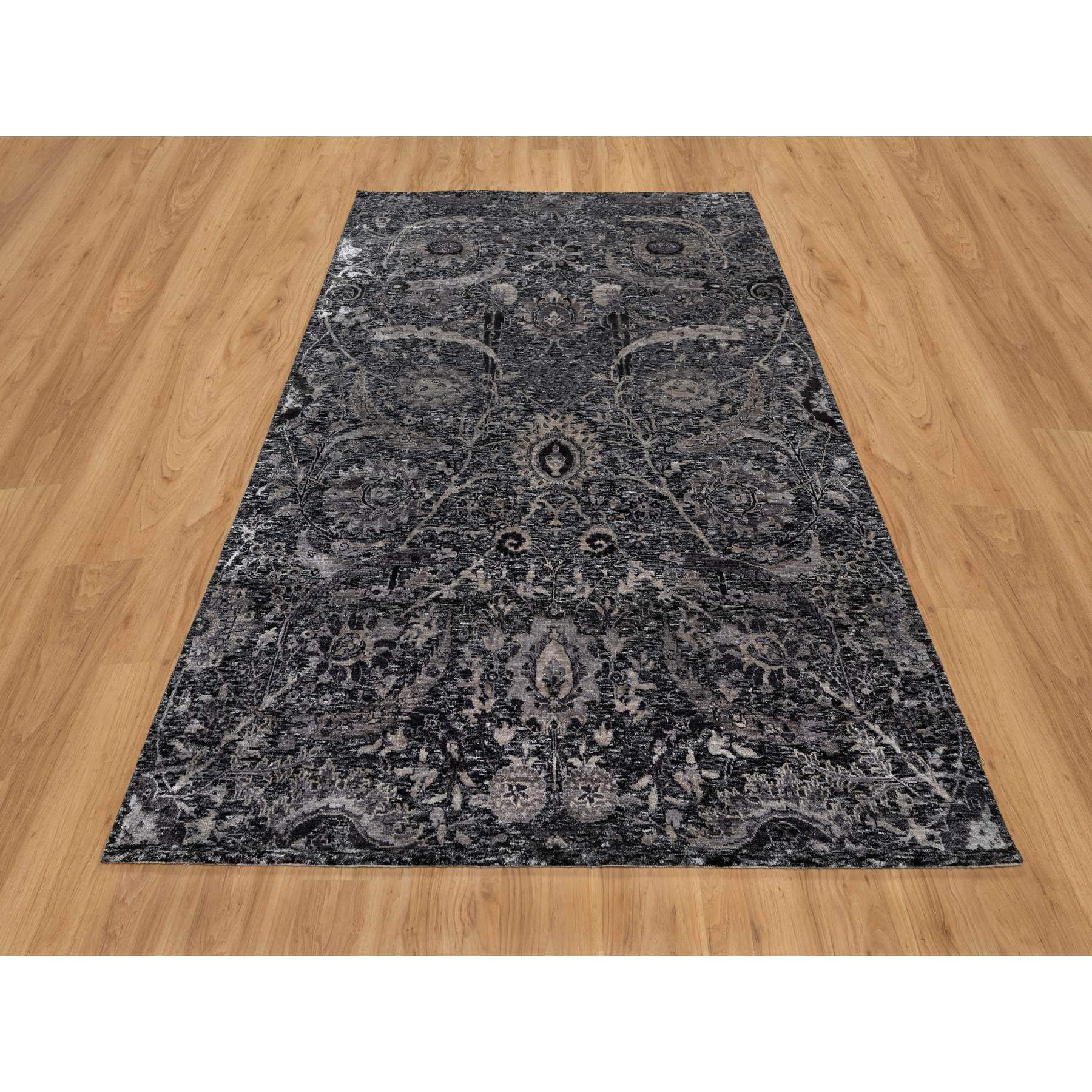 6'x8'10" Obsidian Black, Wool and Silk, Hand Knotted, Sickle Leaf Design, Soft Pile, Lush and Plush, Oriental Rug Sh91161
