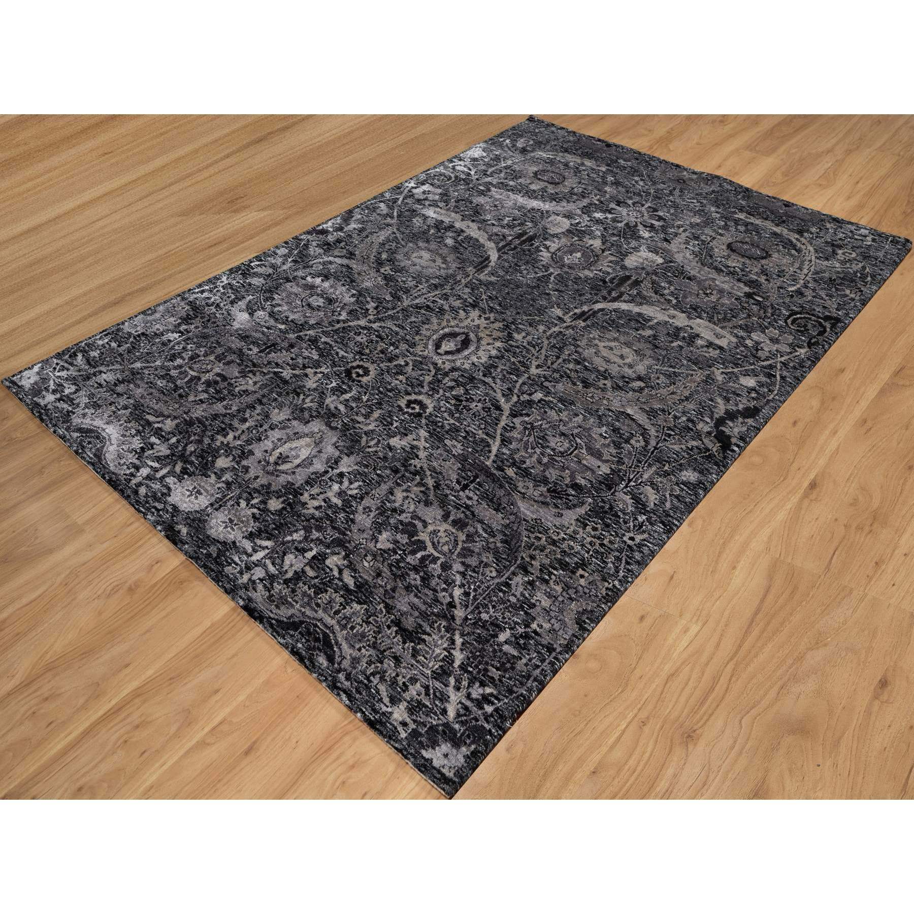 6'x8'10" Obsidian Black, Wool and Silk, Hand Knotted, Sickle Leaf Design, Soft Pile, Lush and Plush, Oriental Rug Sh91161