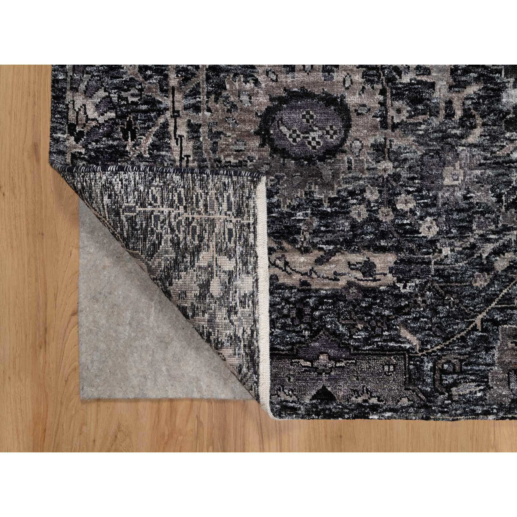 6'x8'10" Obsidian Black, Wool and Silk, Hand Knotted, Sickle Leaf Design, Soft Pile, Lush and Plush, Oriental Rug Sh91161