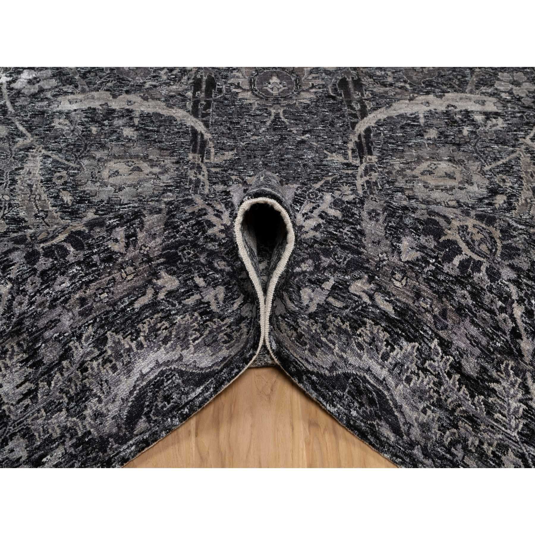 6'x8'10" Obsidian Black, Wool and Silk, Hand Knotted, Sickle Leaf Design, Soft Pile, Lush and Plush, Oriental Rug Sh91161