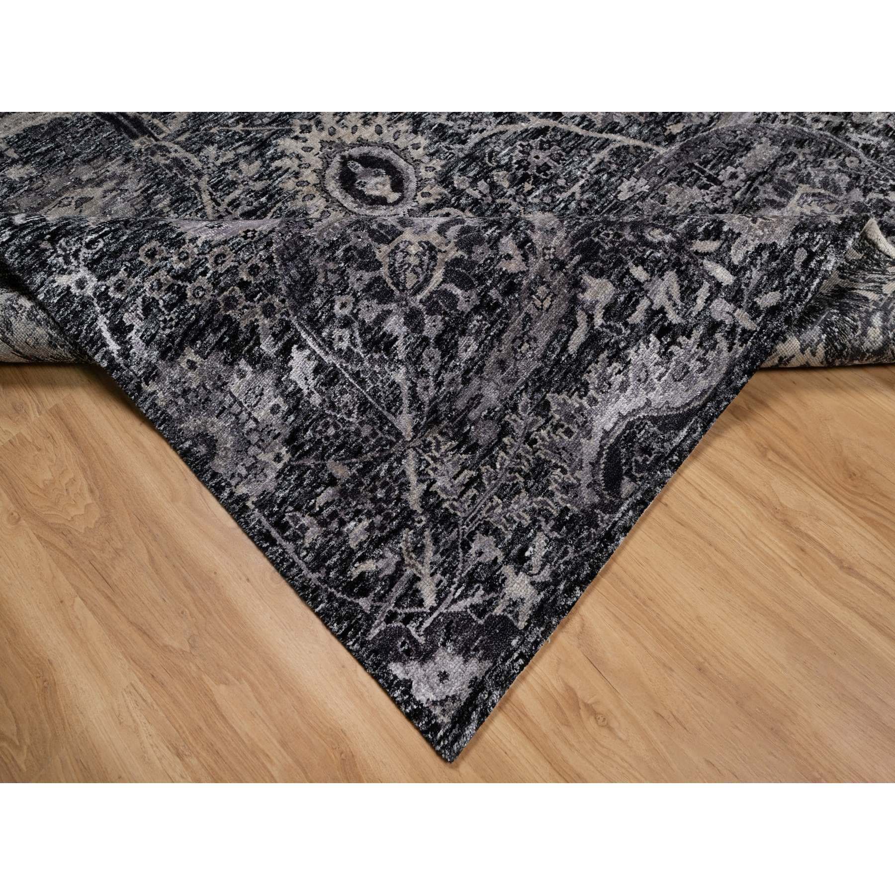 6'x8'10" Obsidian Black, Wool and Silk, Hand Knotted, Sickle Leaf Design, Soft Pile, Lush and Plush, Oriental Rug Sh91161