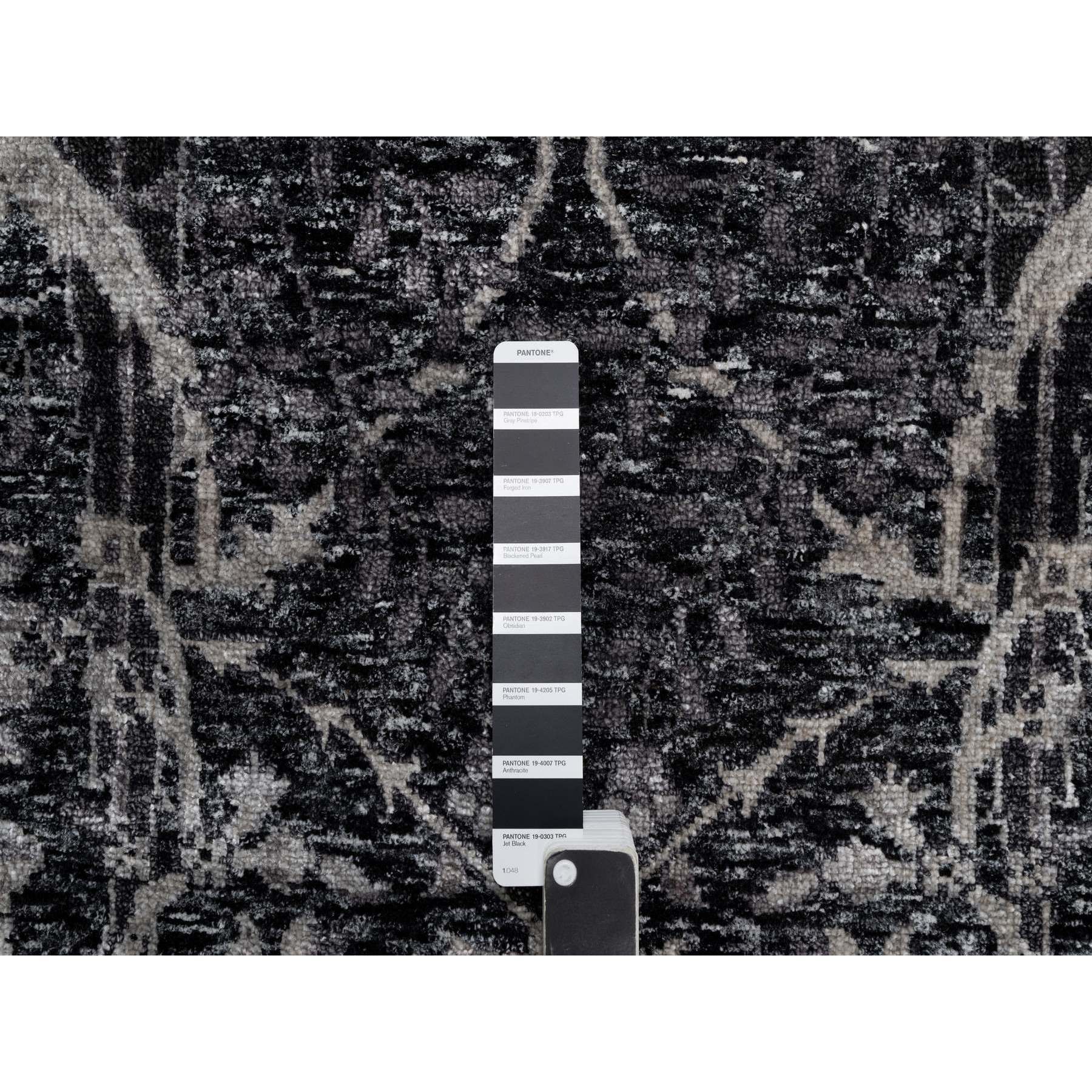 6'x8'10" Obsidian Black, Wool and Silk, Hand Knotted, Sickle Leaf Design, Soft Pile, Lush and Plush, Oriental Rug Sh91161