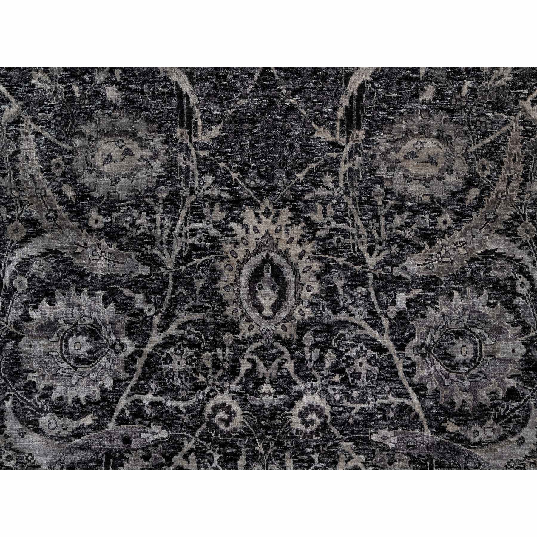 6'x8'10" Obsidian Black, Wool and Silk, Hand Knotted, Sickle Leaf Design, Soft Pile, Lush and Plush, Oriental Rug Sh91161