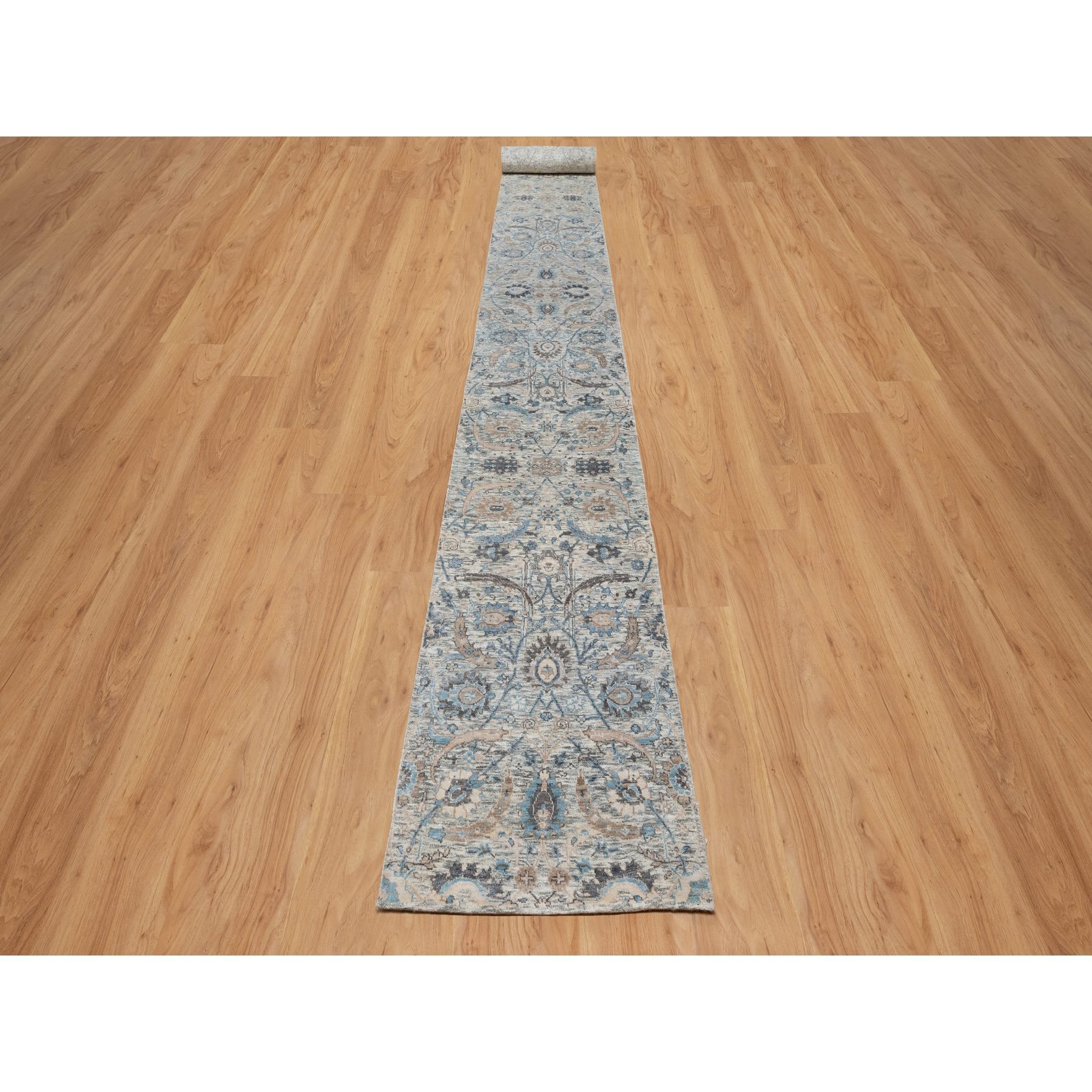 2'6"x27'9" Powder White, Sickle Leaf Design, Soft Pile, Silk with Textured Wool, Hand Knotted, XL Runner, Oriental Rug Sh91163
