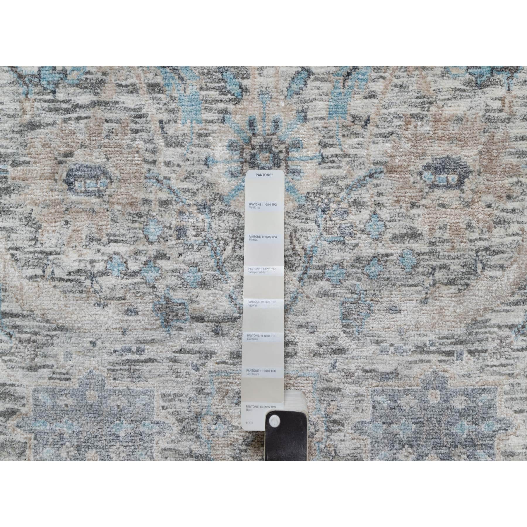 2'6"x27'9" Powder White, Sickle Leaf Design, Soft Pile, Silk with Textured Wool, Hand Knotted, XL Runner, Oriental Rug Sh91163