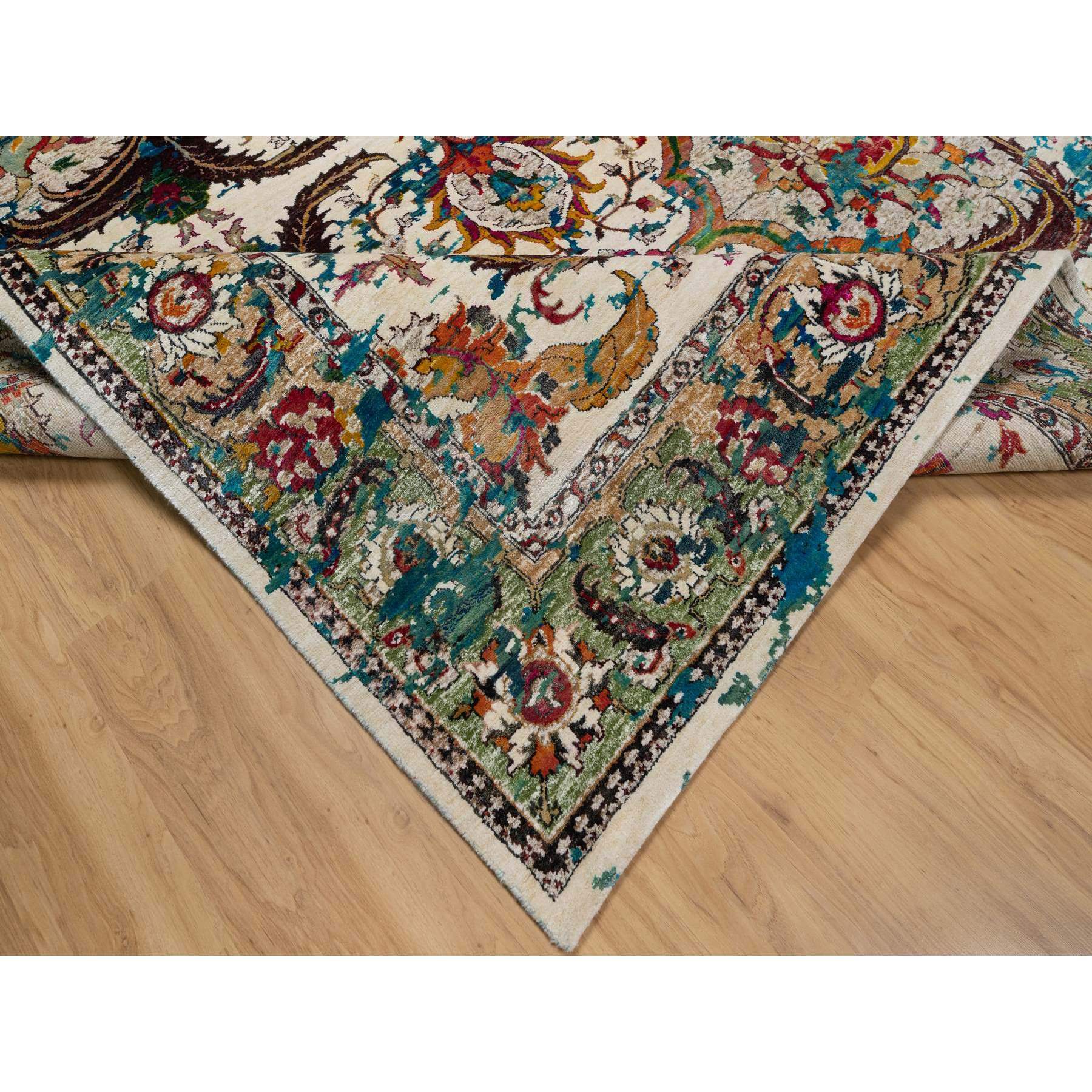 8'1"x10'1" Seashell White with Pop Of Colors, Broken Persian Design, Hand Knotted, Wool and Pure Silk, Soft to the Touch, Oriental Rug Sh91164
