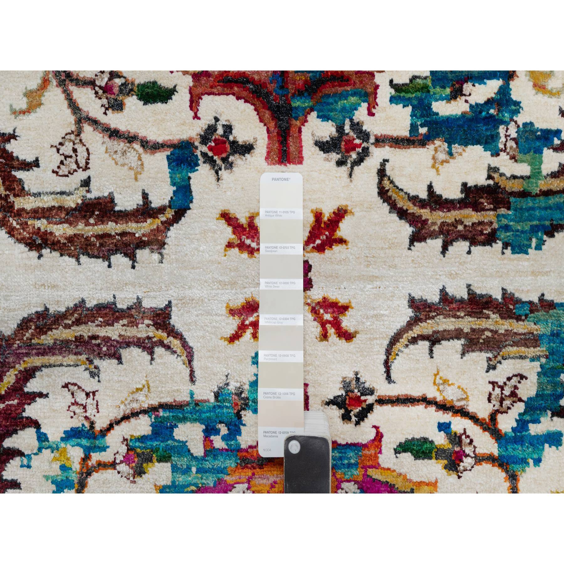 8'1"x10'1" Seashell White with Pop Of Colors, Broken Persian Design, Hand Knotted, Wool and Pure Silk, Soft to the Touch, Oriental Rug Sh91164