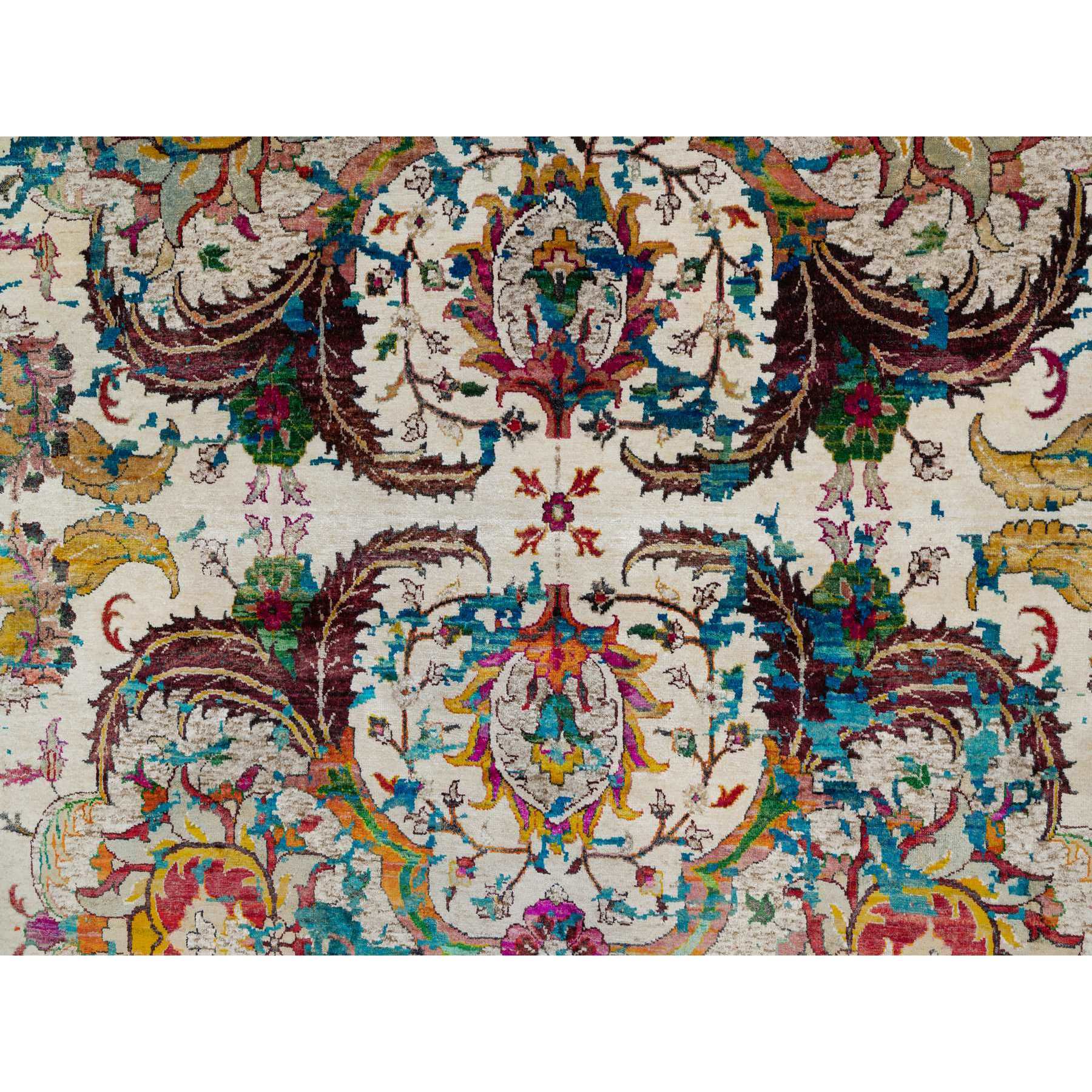 8'1"x10'1" Seashell White with Pop Of Colors, Broken Persian Design, Hand Knotted, Wool and Pure Silk, Soft to the Touch, Oriental Rug Sh91164