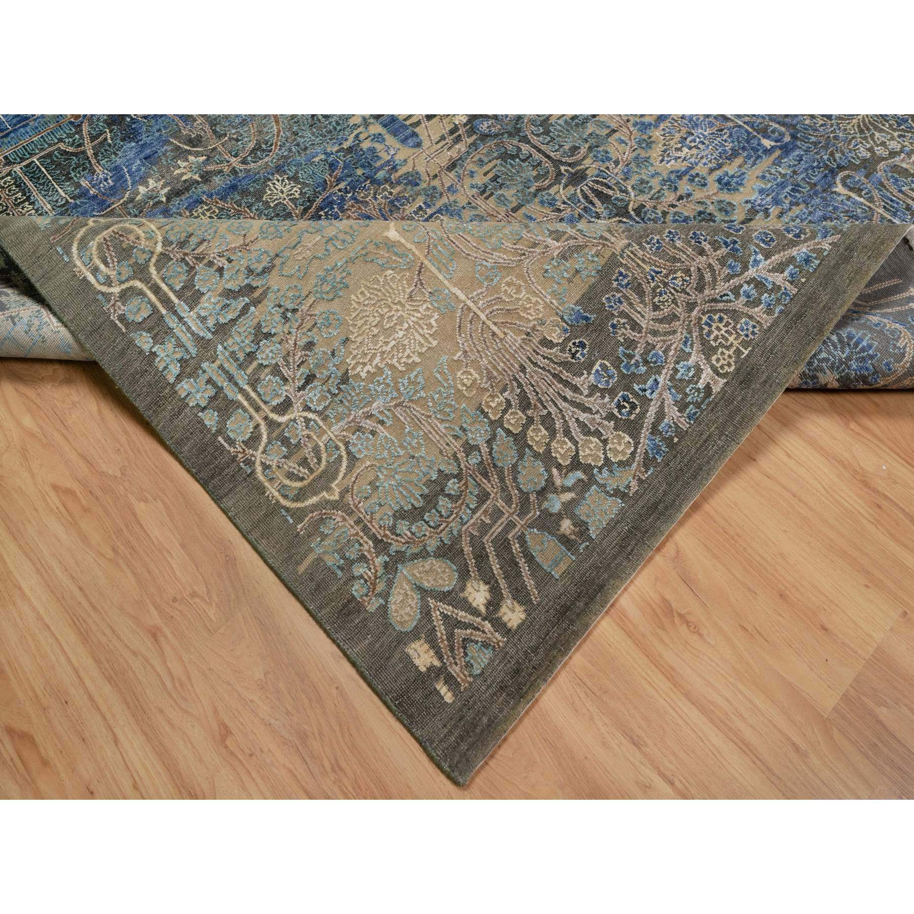 8'10"x12'1" Peanut Brown, Natural Dyes, Wool and Silk, Broken and Erased Persian Sarouk Design, Hand Knotted, Oriental Rug Sh91165