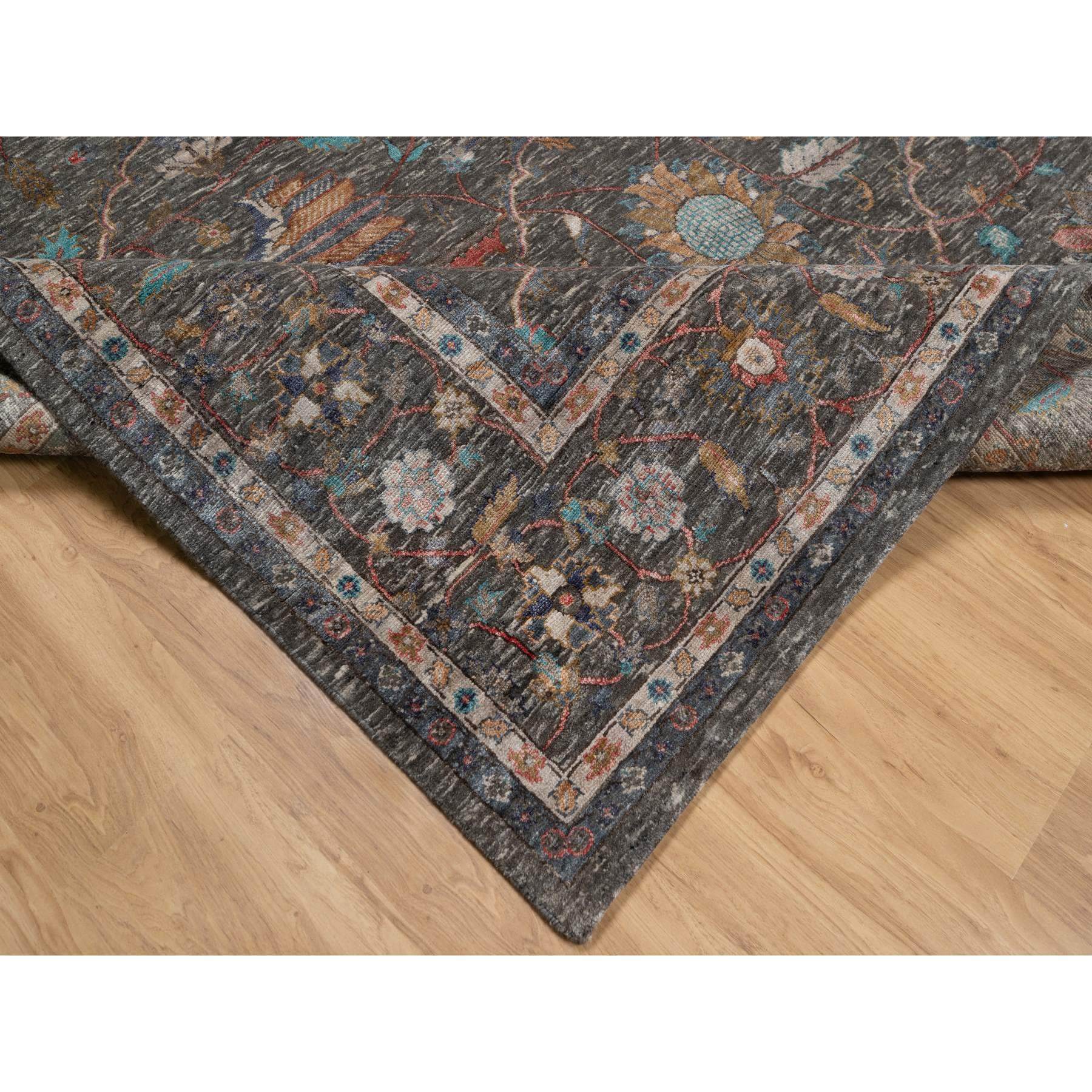 7'9"x10'2" Coffee Brown, Hand Knotted, Striae Pattern, Persian Scrolls Leaf and Flower Design, Textured Wool and Silk, Oriental Rug Sh91166