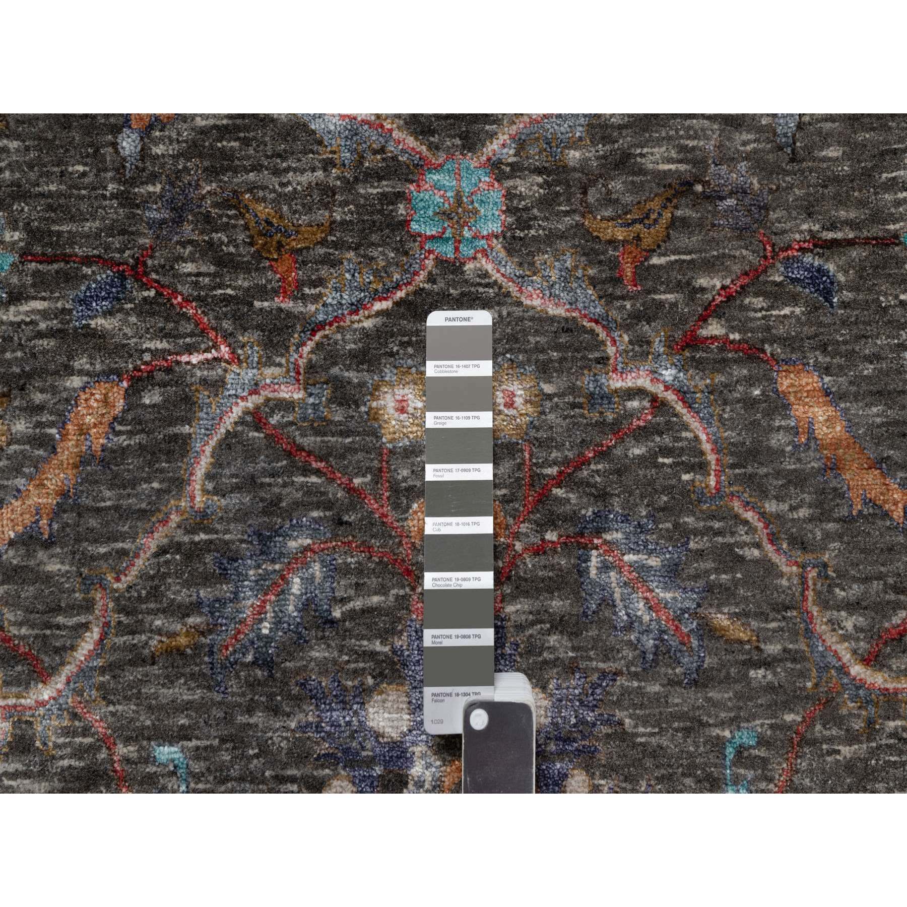 7'9"x10'2" Coffee Brown, Hand Knotted, Striae Pattern, Persian Scrolls Leaf and Flower Design, Textured Wool and Silk, Oriental Rug Sh91166