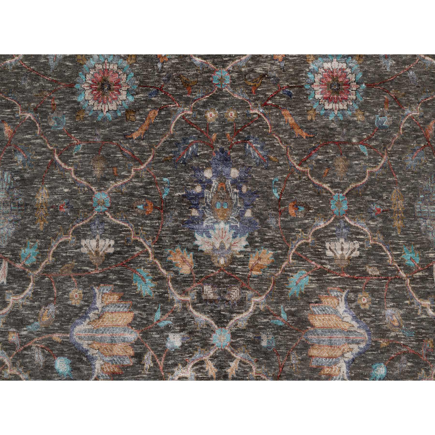 7'9"x10'2" Coffee Brown, Hand Knotted, Striae Pattern, Persian Scrolls Leaf and Flower Design, Textured Wool and Silk, Oriental Rug Sh91166