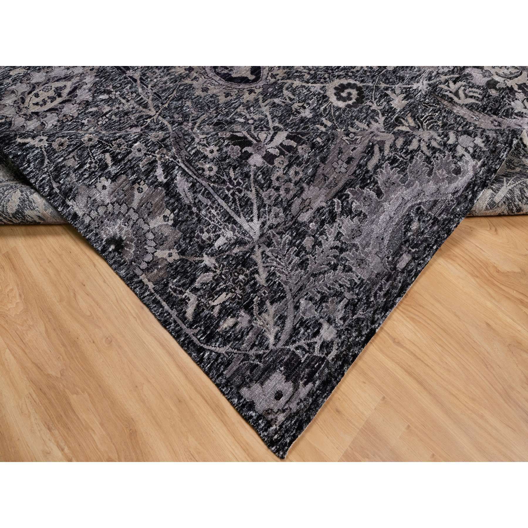 8'8"x11'10" Onyx Black, Soft Pile, Sickle Leaf Design, Lush and Plush, Hand Knotted, Wool and Silk, Oriental Rug Sh91167