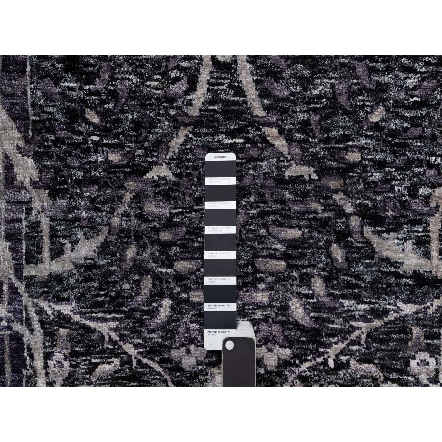 8'8"x11'10" Onyx Black, Soft Pile, Sickle Leaf Design, Lush and Plush, Hand Knotted, Wool and Silk, Oriental Rug Sh91167
