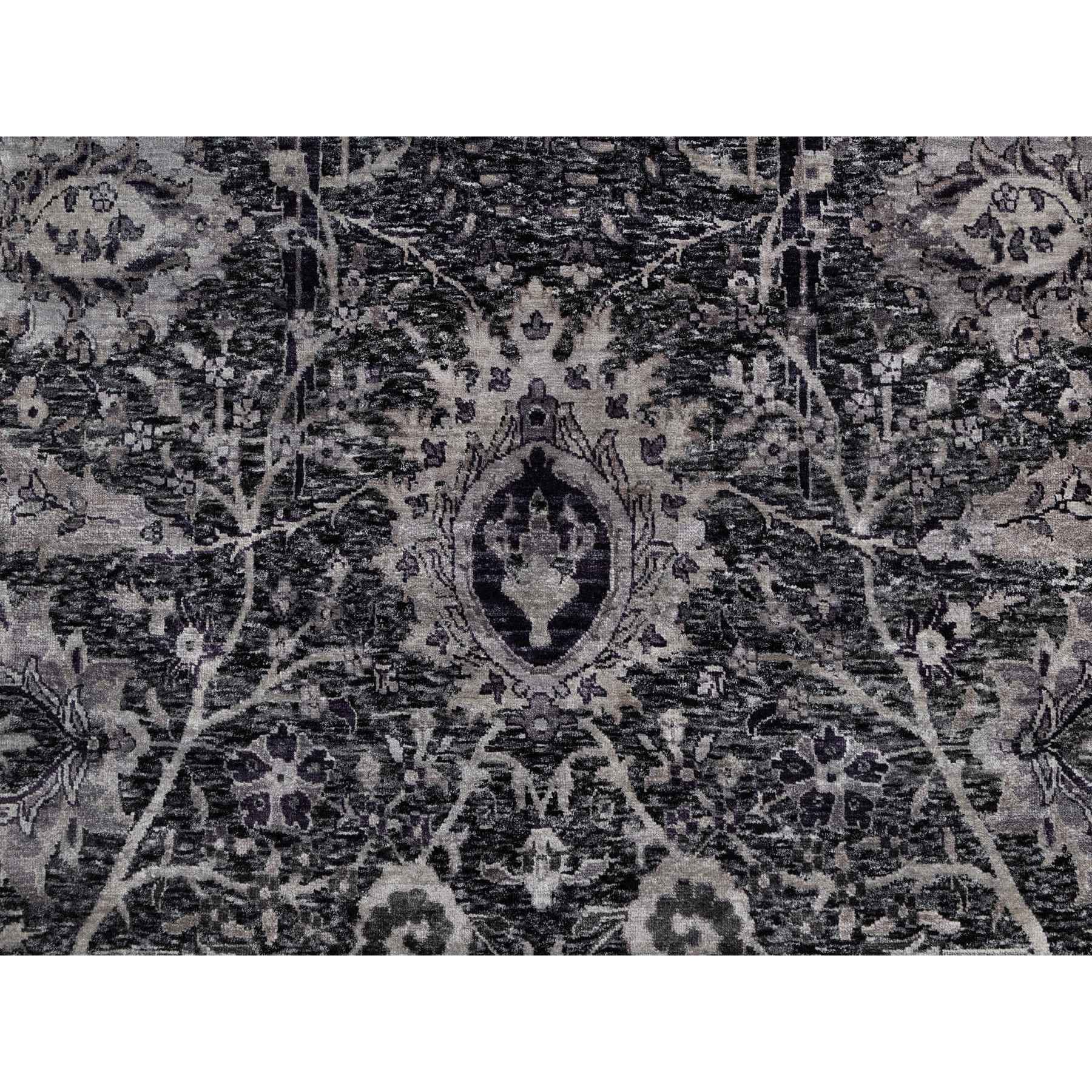 8'8"x11'10" Onyx Black, Soft Pile, Sickle Leaf Design, Lush and Plush, Hand Knotted, Wool and Silk, Oriental Rug Sh91167