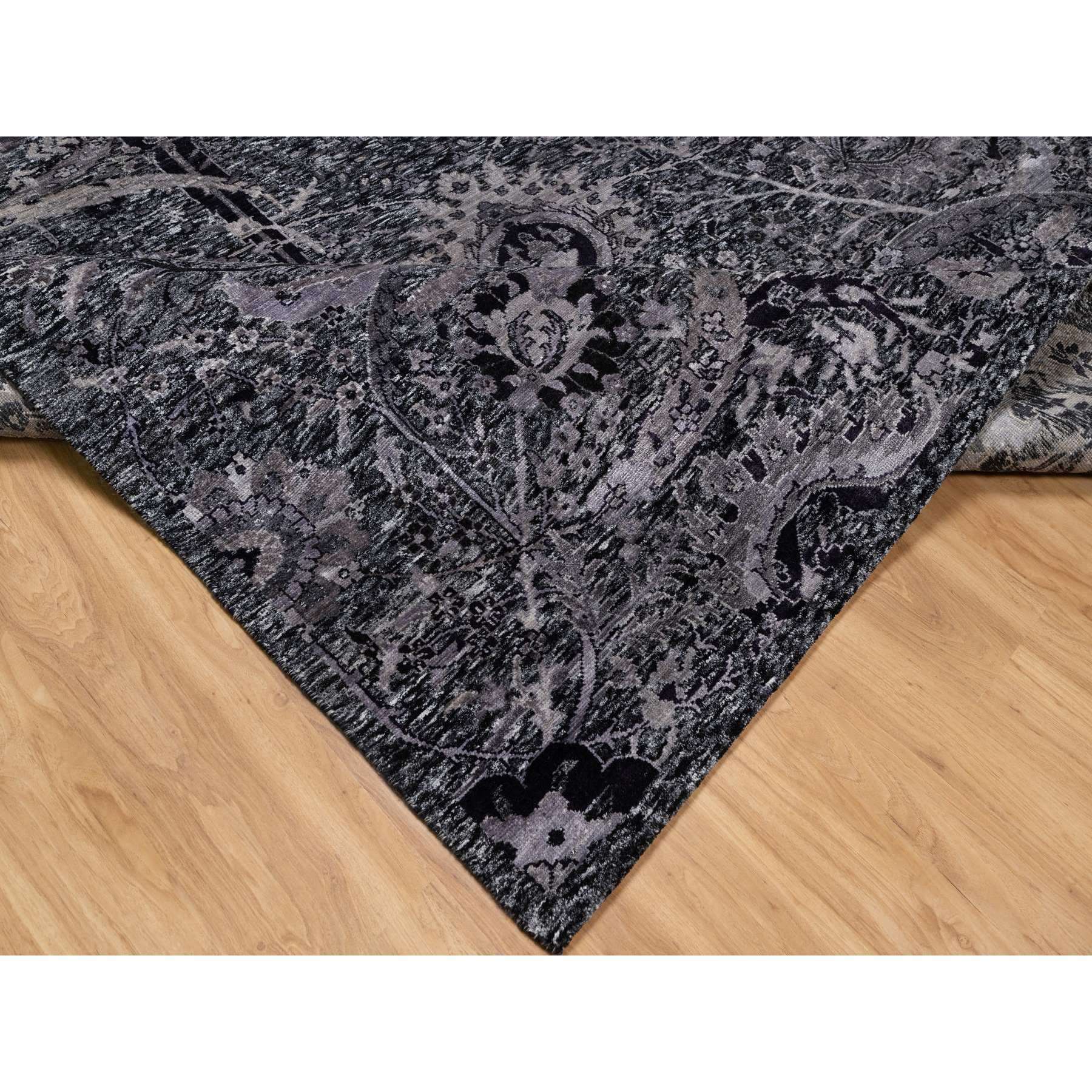 8'1"x10' Phantom Black, Lush and Plush, Hand Knotted, Sickle Leaf Design, Soft Pile, Wool and Silk, Oriental Rug Sh91169