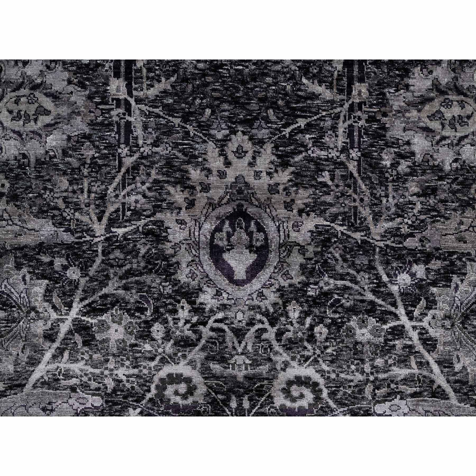 8'1"x10' Phantom Black, Lush and Plush, Hand Knotted, Sickle Leaf Design, Soft Pile, Wool and Silk, Oriental Rug Sh91169