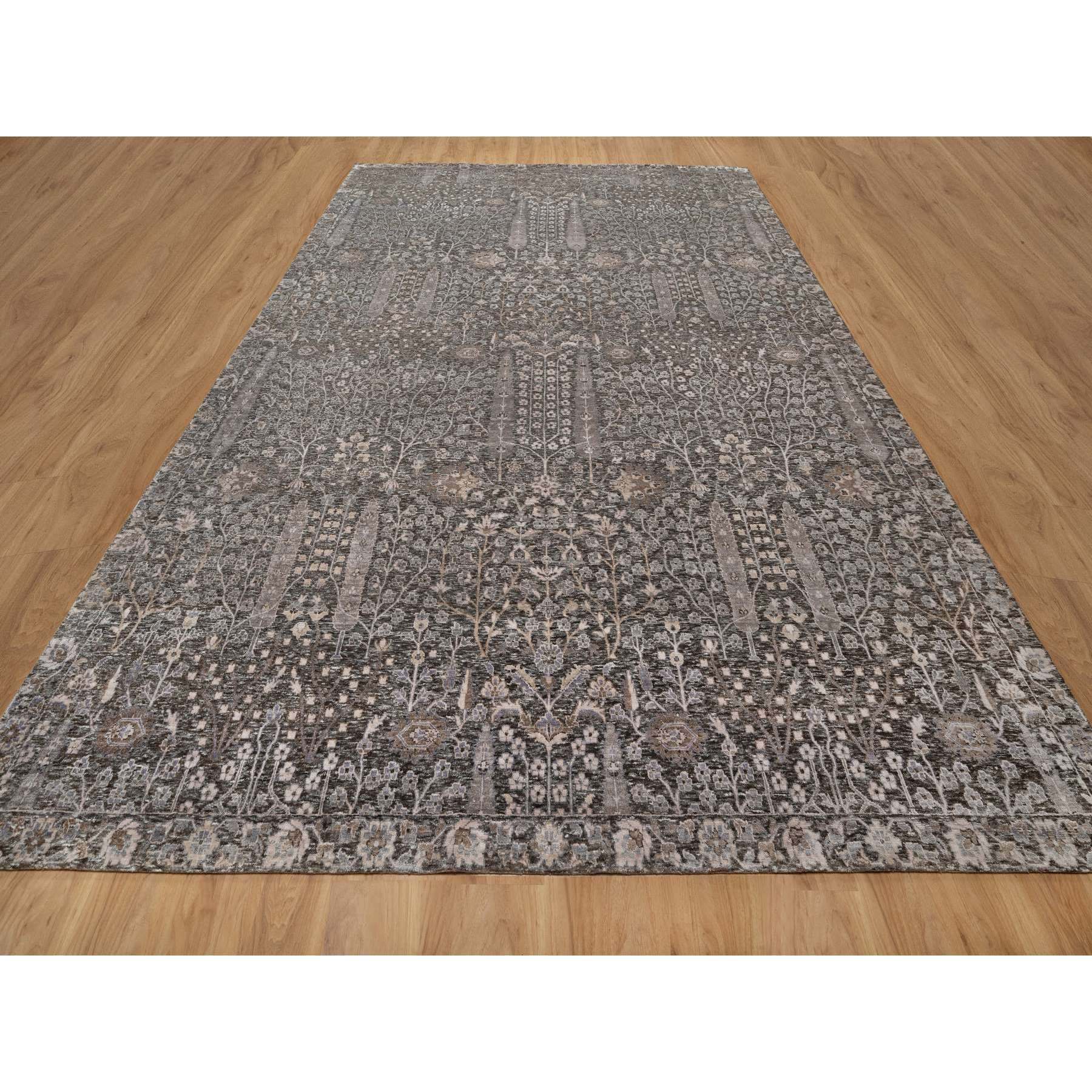 9'9"x14'2" Ash Gray, Willow and Cypress Tree Design, Denser Weave, Textured Wool and Silk, Hand Knotted, Oriental Rug Sh91171