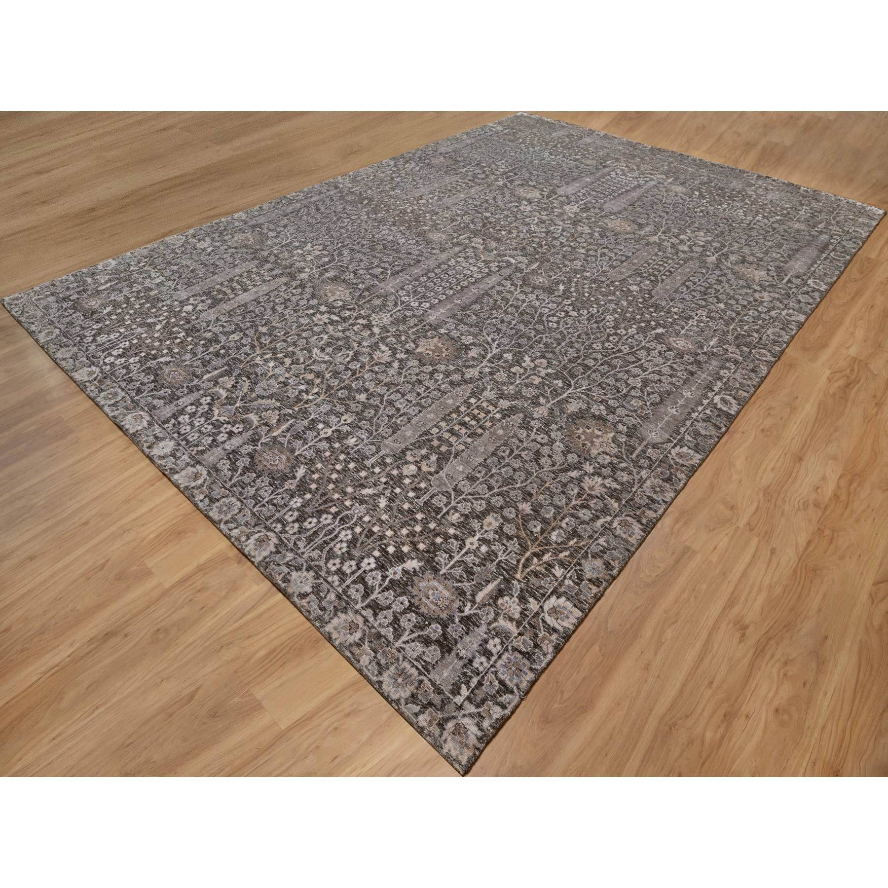 9'9"x14'2" Ash Gray, Willow and Cypress Tree Design, Denser Weave, Textured Wool and Silk, Hand Knotted, Oriental Rug Sh91171