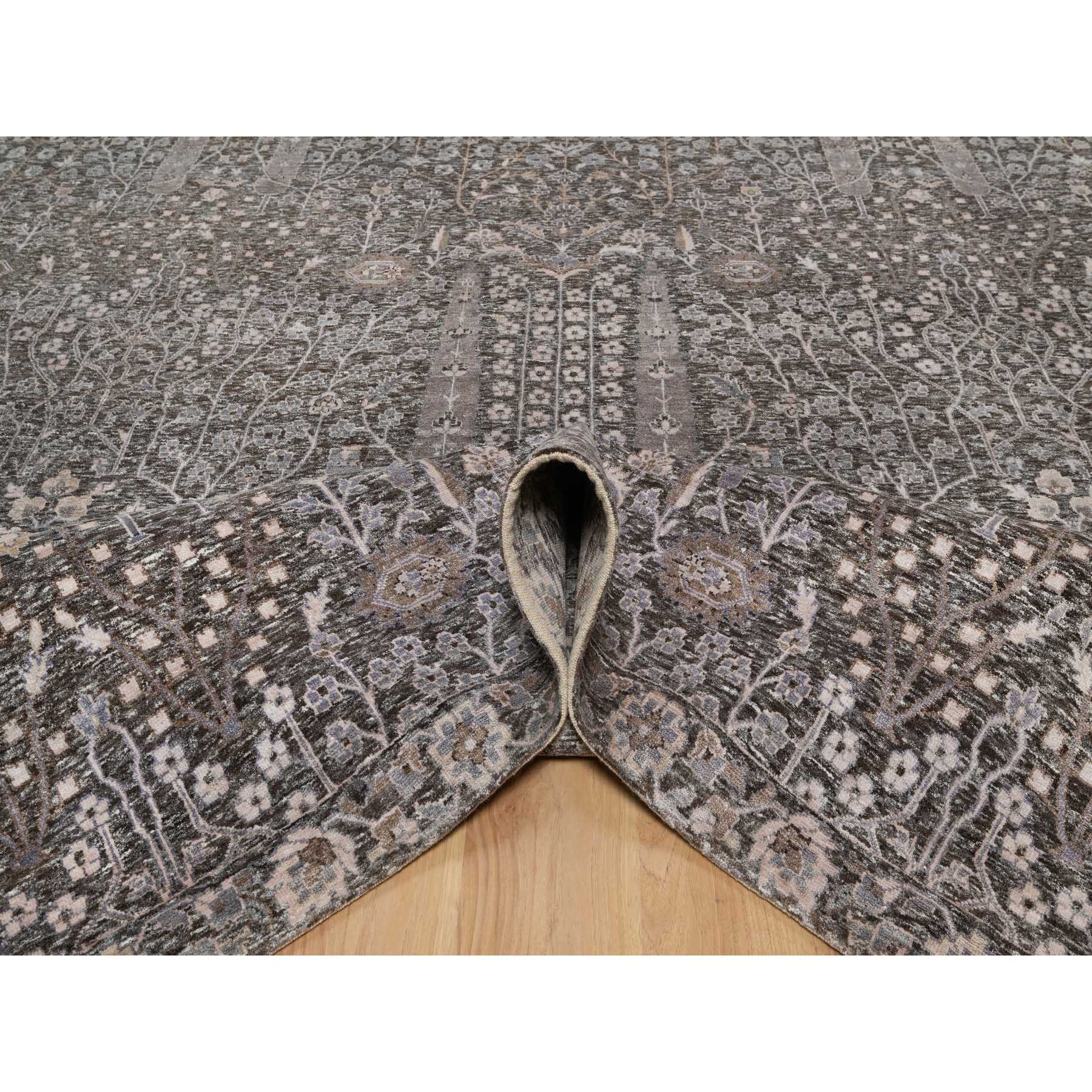 9'9"x14'2" Ash Gray, Willow and Cypress Tree Design, Denser Weave, Textured Wool and Silk, Hand Knotted, Oriental Rug Sh91171