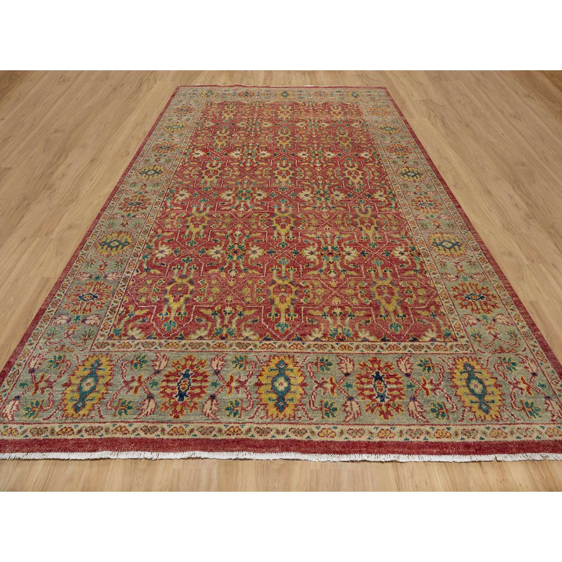 10'x14'2" Scarlet Red, Antiqued Oushak Reimagined, Sheared Low, Pure Wool, Hand Knotted, Repetitive Star and Rosette Design, Oriental Rug Sh91174