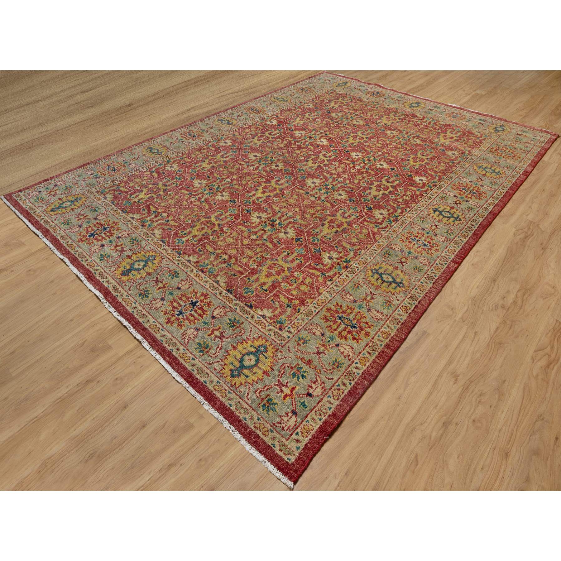10'x14'2" Scarlet Red, Antiqued Oushak Reimagined, Sheared Low, Pure Wool, Hand Knotted, Repetitive Star and Rosette Design, Oriental Rug Sh91174