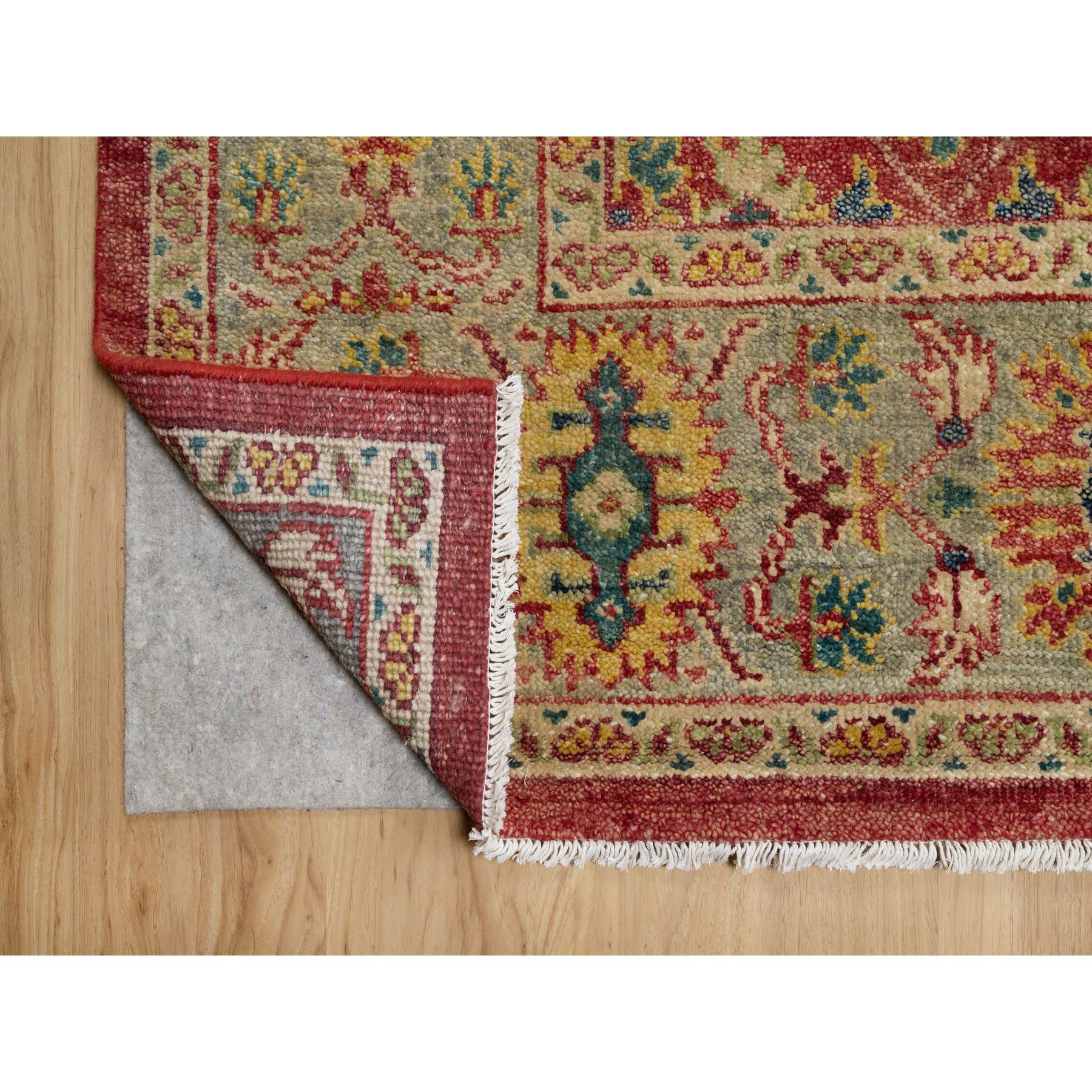 10'x14'2" Scarlet Red, Antiqued Oushak Reimagined, Sheared Low, Pure Wool, Hand Knotted, Repetitive Star and Rosette Design, Oriental Rug Sh91174