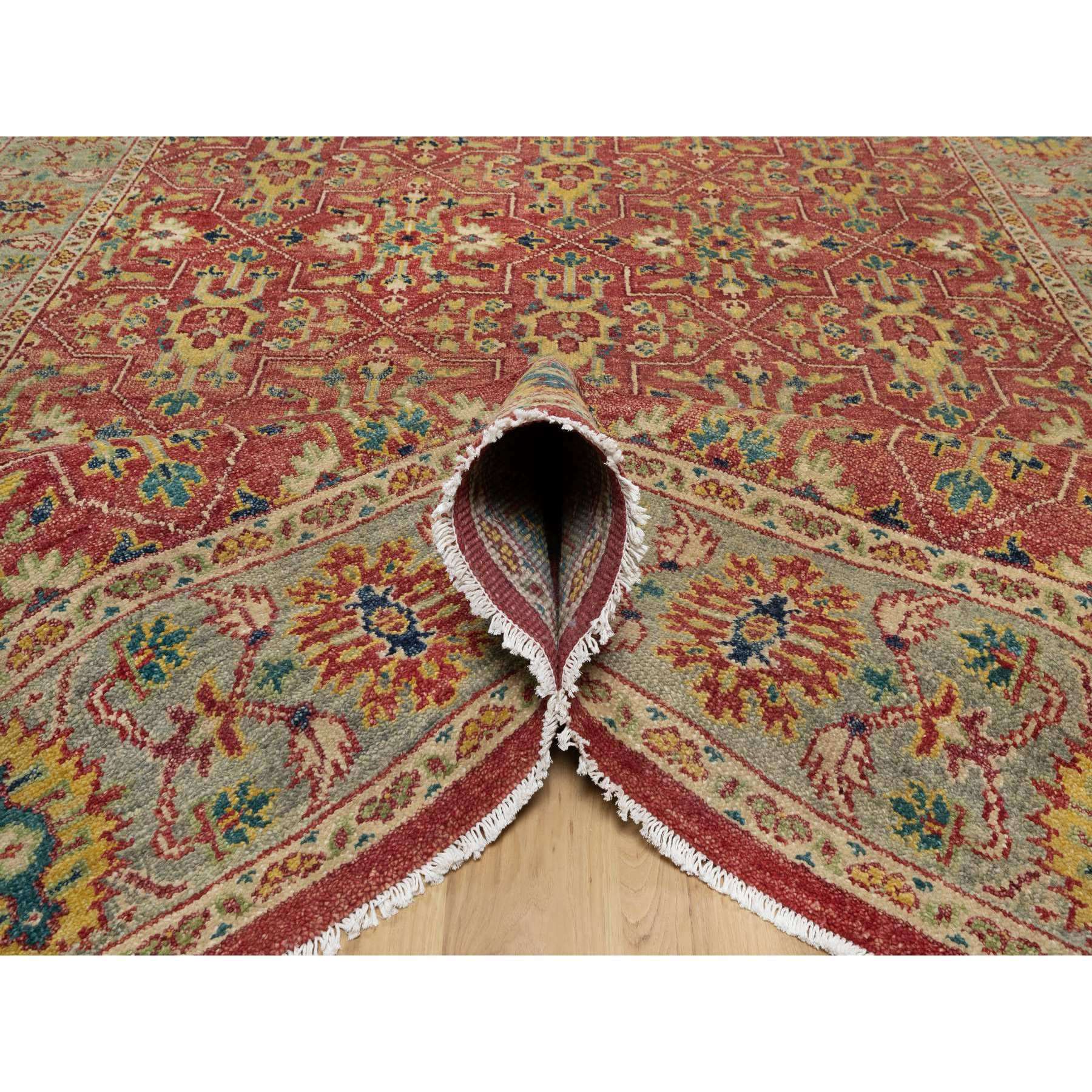 10'x14'2" Scarlet Red, Antiqued Oushak Reimagined, Sheared Low, Pure Wool, Hand Knotted, Repetitive Star and Rosette Design, Oriental Rug Sh91174