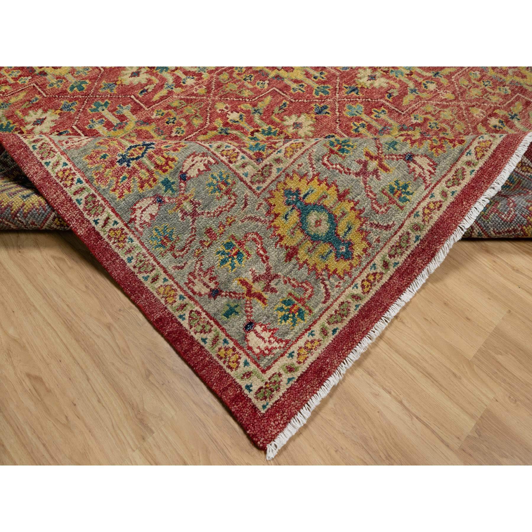 10'x14'2" Scarlet Red, Antiqued Oushak Reimagined, Sheared Low, Pure Wool, Hand Knotted, Repetitive Star and Rosette Design, Oriental Rug Sh91174