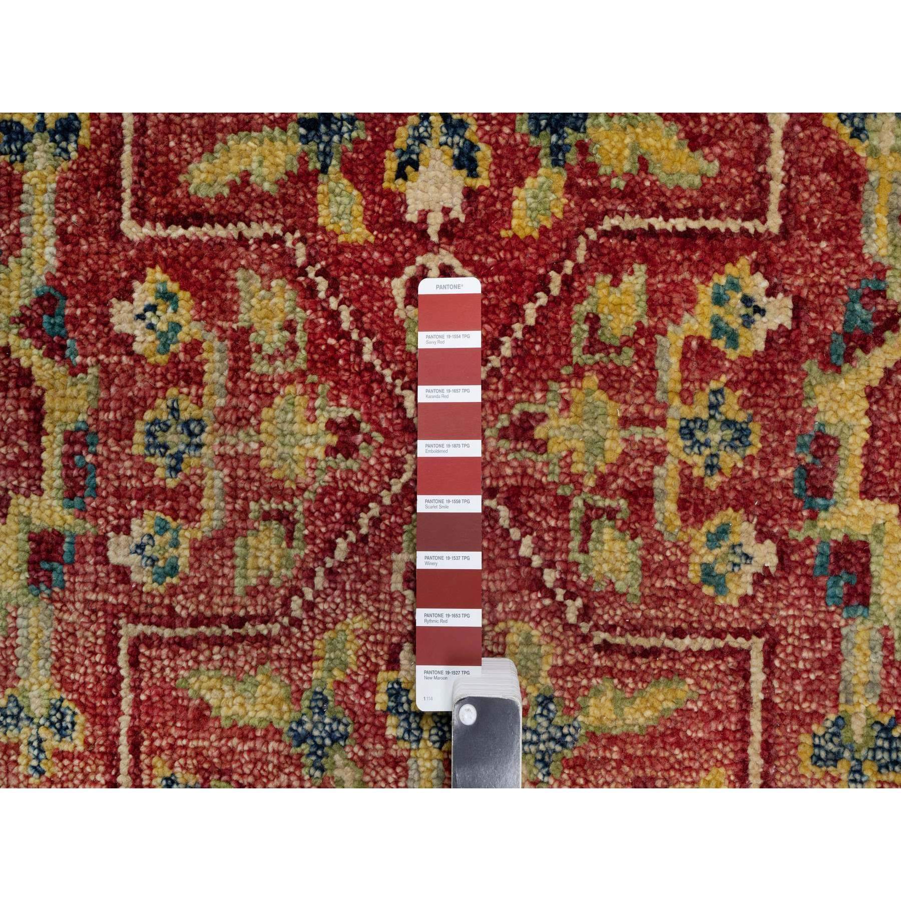 10'x14'2" Scarlet Red, Antiqued Oushak Reimagined, Sheared Low, Pure Wool, Hand Knotted, Repetitive Star and Rosette Design, Oriental Rug Sh91174