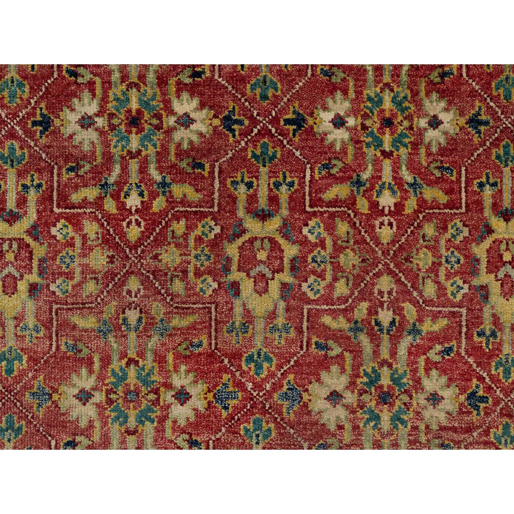 10'x14'2" Scarlet Red, Antiqued Oushak Reimagined, Sheared Low, Pure Wool, Hand Knotted, Repetitive Star and Rosette Design, Oriental Rug Sh91174