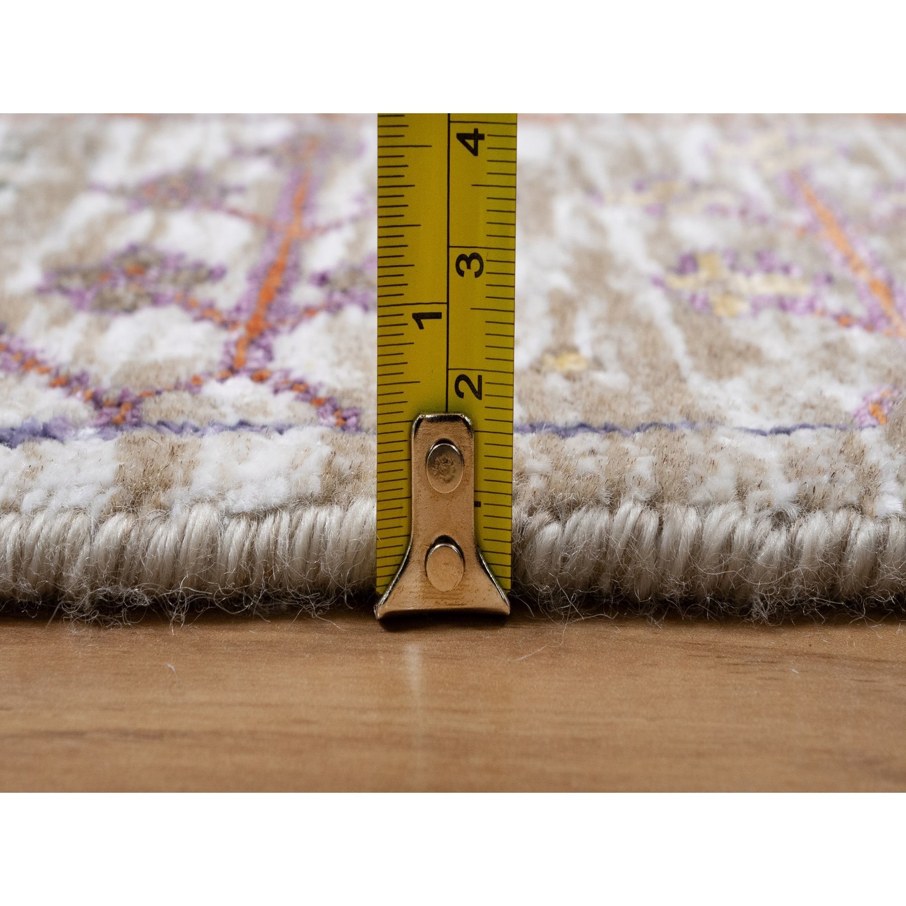2'8"x16'2" Daisy White with Brown, Directional Vase Design, Silk with Textured Wool, Hand Knotted, XL Runner, Oriental Rug Sh91176