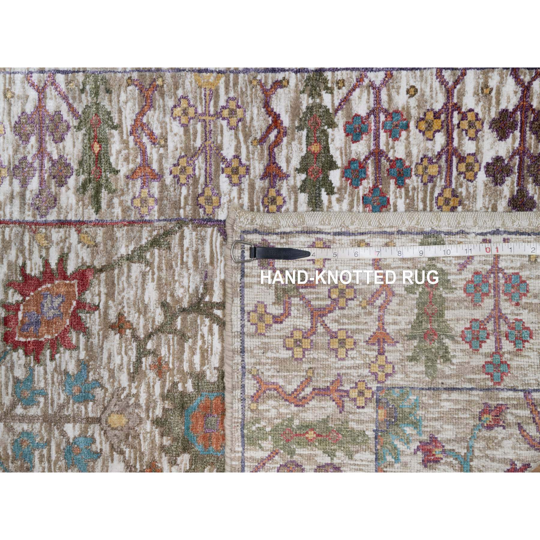 2'8"x16'2" Daisy White with Brown, Directional Vase Design, Silk with Textured Wool, Hand Knotted, XL Runner, Oriental Rug Sh91176