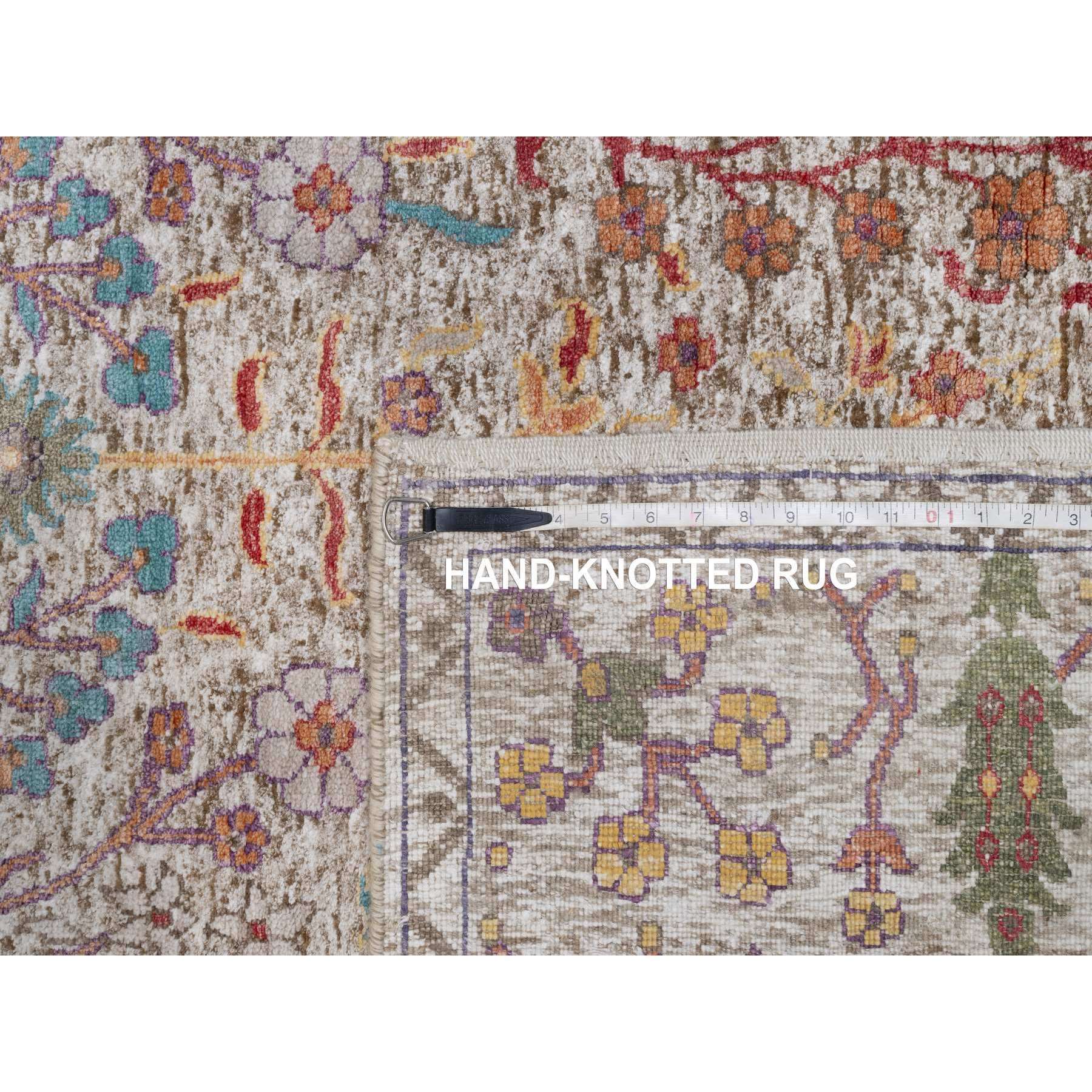 6'2"x12'2" Powder White with Brown, Silk with Textured Wool, Hand Knotted, Directional Vase Design, Gallery Size Wide Runner, Oriental Rug Sh91177