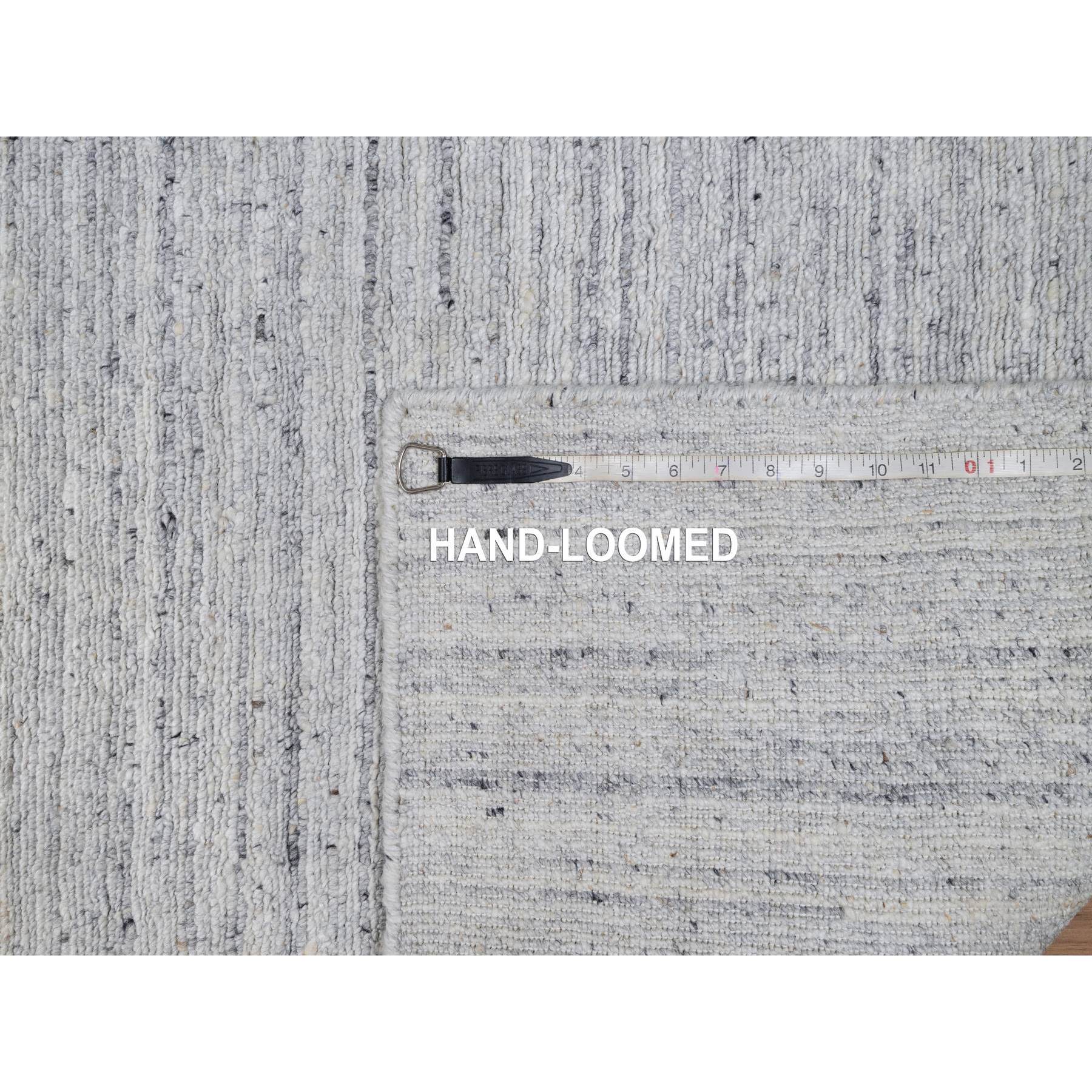 2'6"x8' Frost White, Plain Modern Striae Design, Hand Loomed, Soft Pile, Natural Wool, Runner, Oriental Rug Sh91178