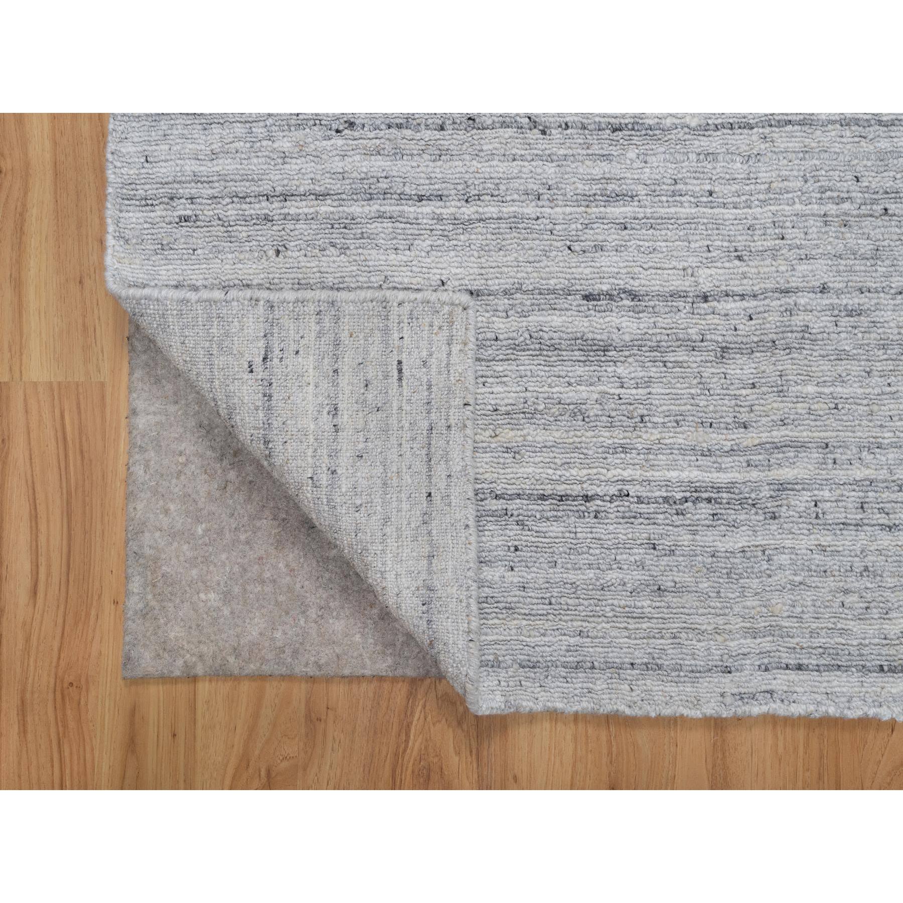 2'6"x8' Lily White, Soft Pile, Plain Modern Striae Design, Hand Loomed, Pure Wool, Runner, Oriental Rug Sh91181