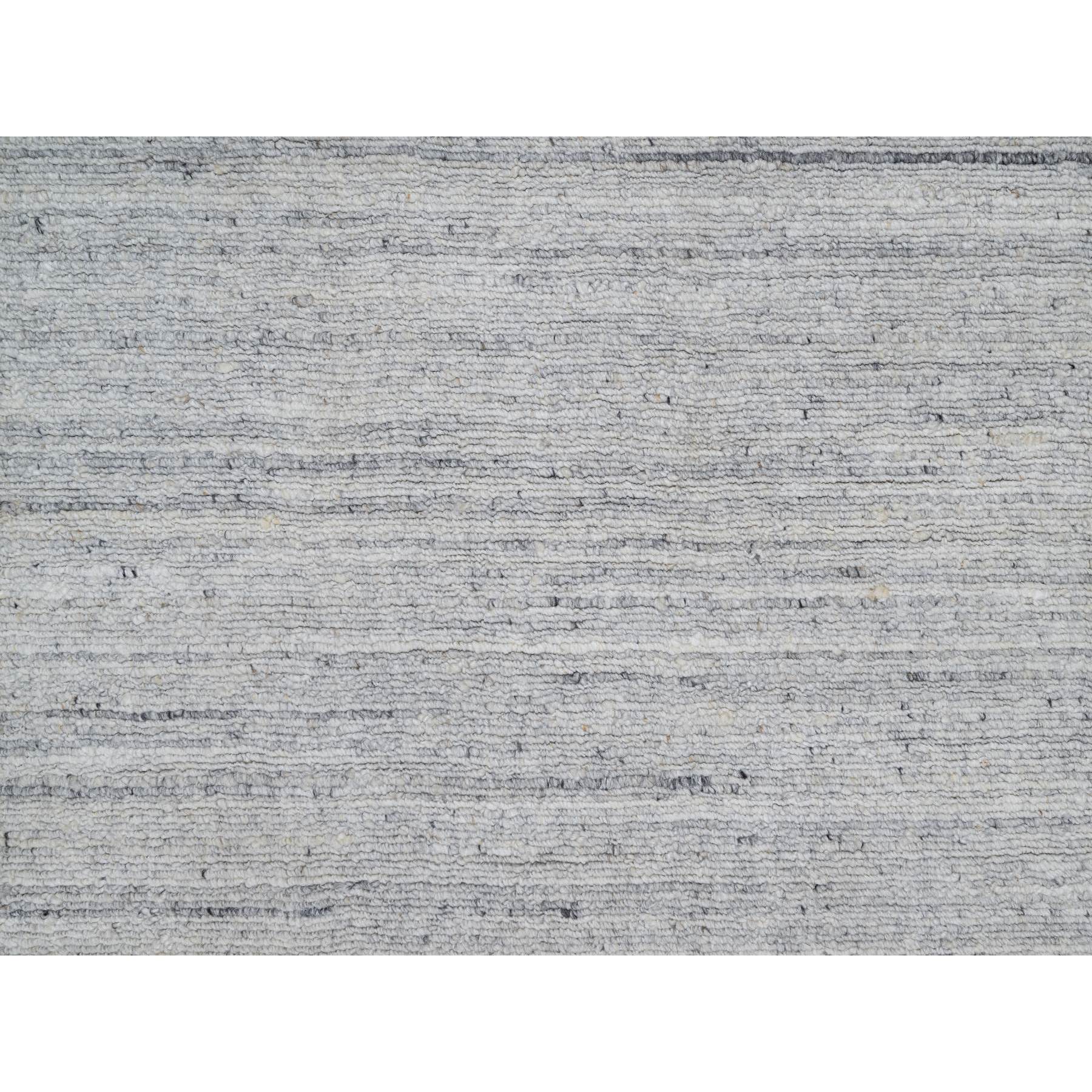 2'6"x8' Lily White, Soft Pile, Plain Modern Striae Design, Hand Loomed, Pure Wool, Runner, Oriental Rug Sh91181