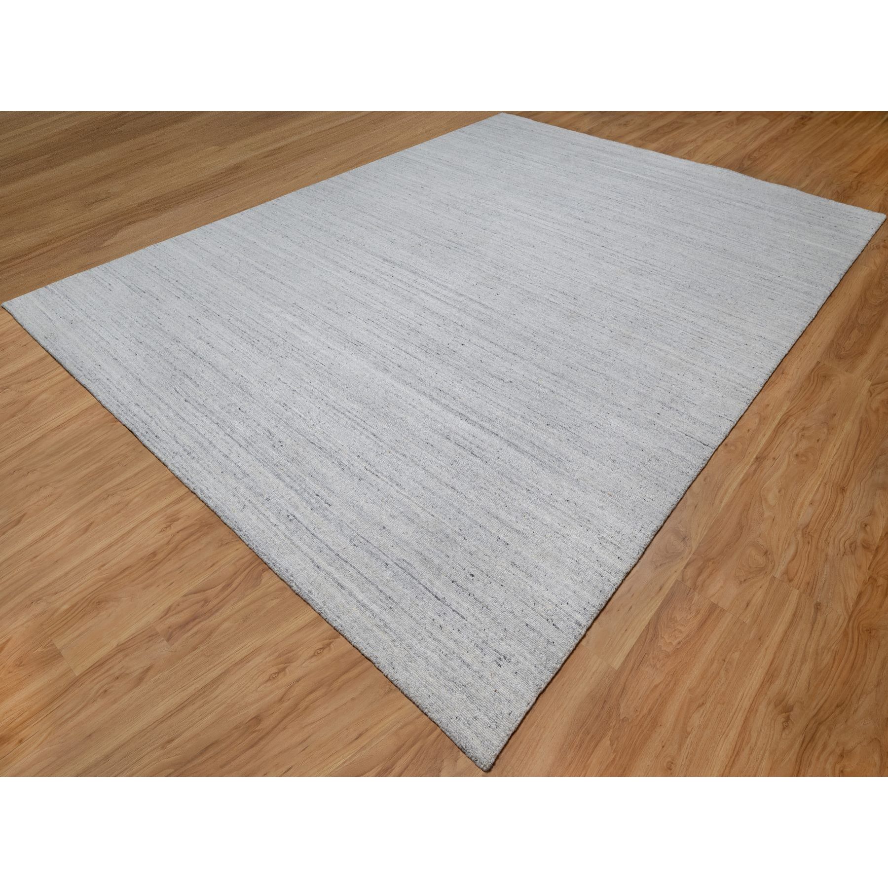 9'x12' Frost White, Soft Pile, Natural Wool, Plain Modern Striae Design, Hand Loomed, Oriental Rug Sh91183