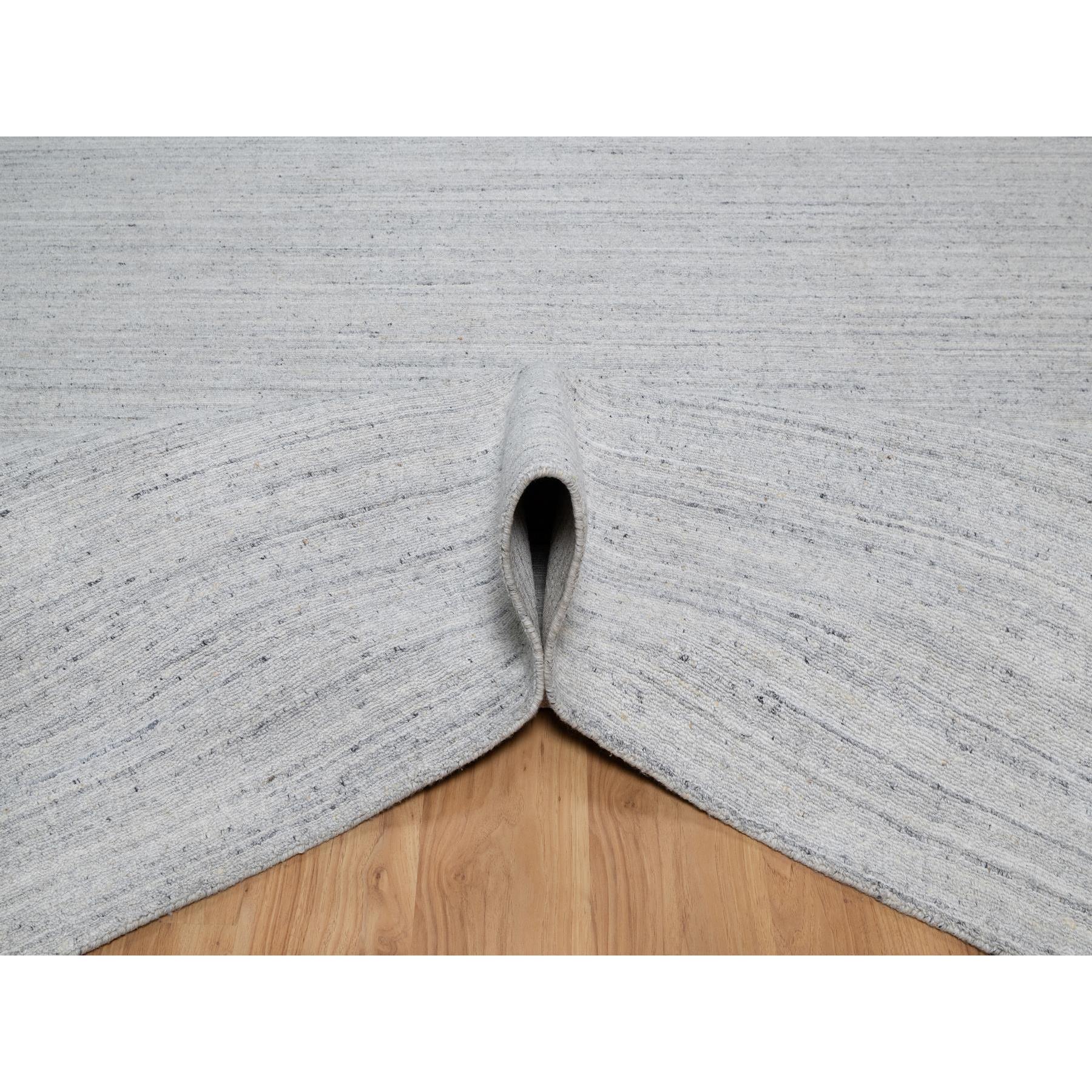9'x12' Frost White, Soft Pile, Natural Wool, Plain Modern Striae Design, Hand Loomed, Oriental Rug Sh91183