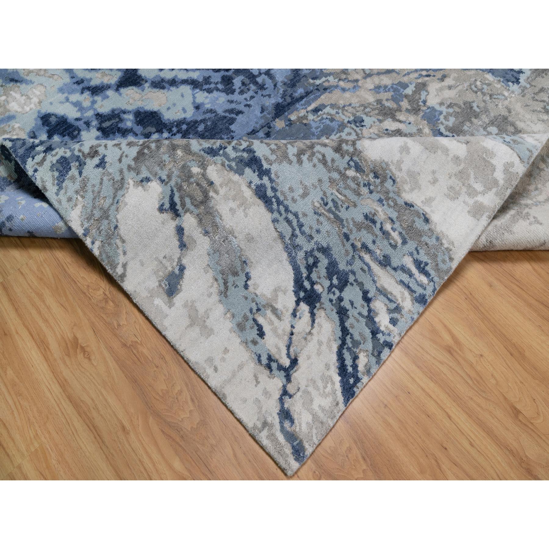 6'1"x9'1" Denim Blue with Ivory, Lush and Plush, Abstract Design, Wool and Silk, Hi-low Pile, Hand Knotted, Oriental Rug Sh91212