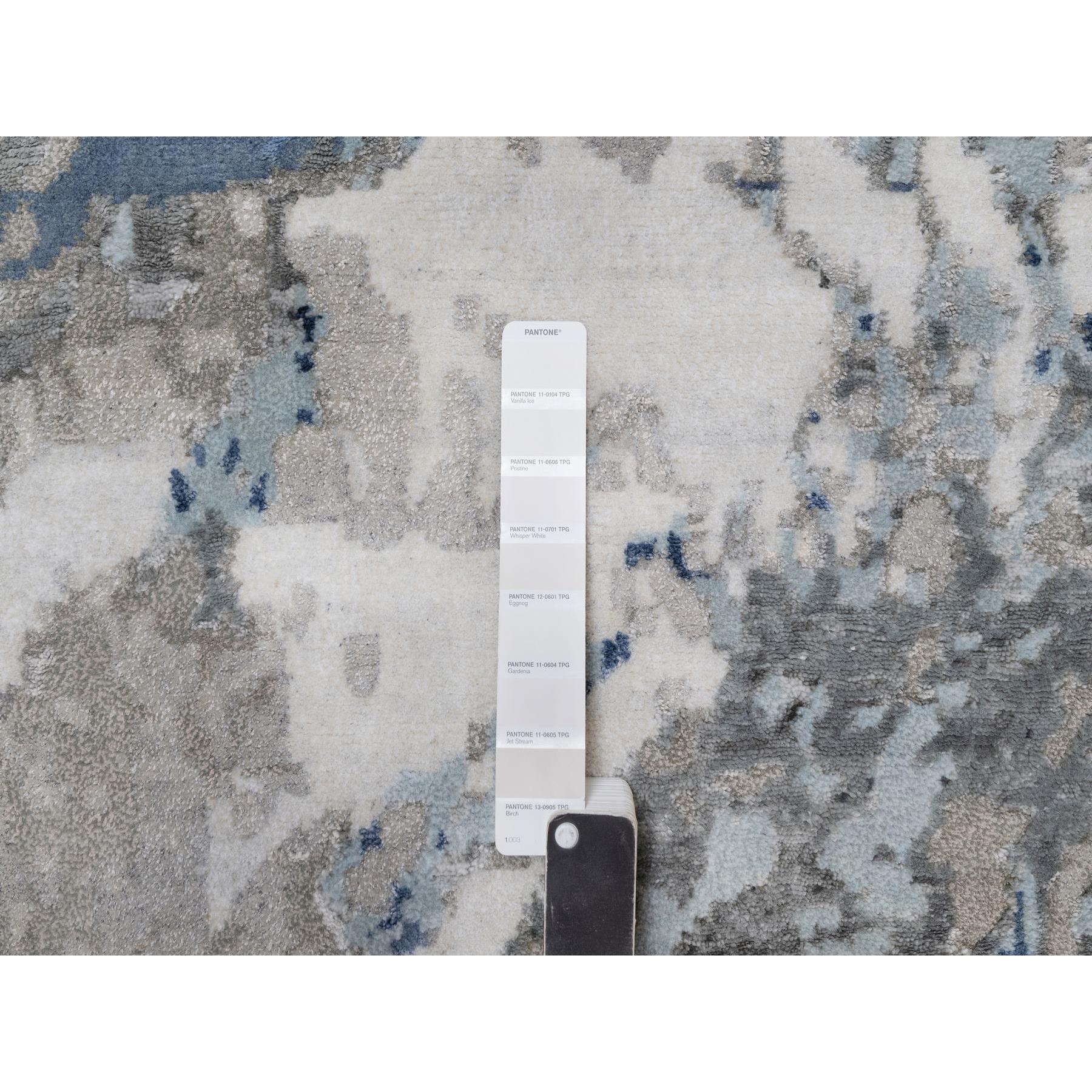 6'1"x9'1" Denim Blue with Ivory, Lush and Plush, Abstract Design, Wool and Silk, Hi-low Pile, Hand Knotted, Oriental Rug Sh91212