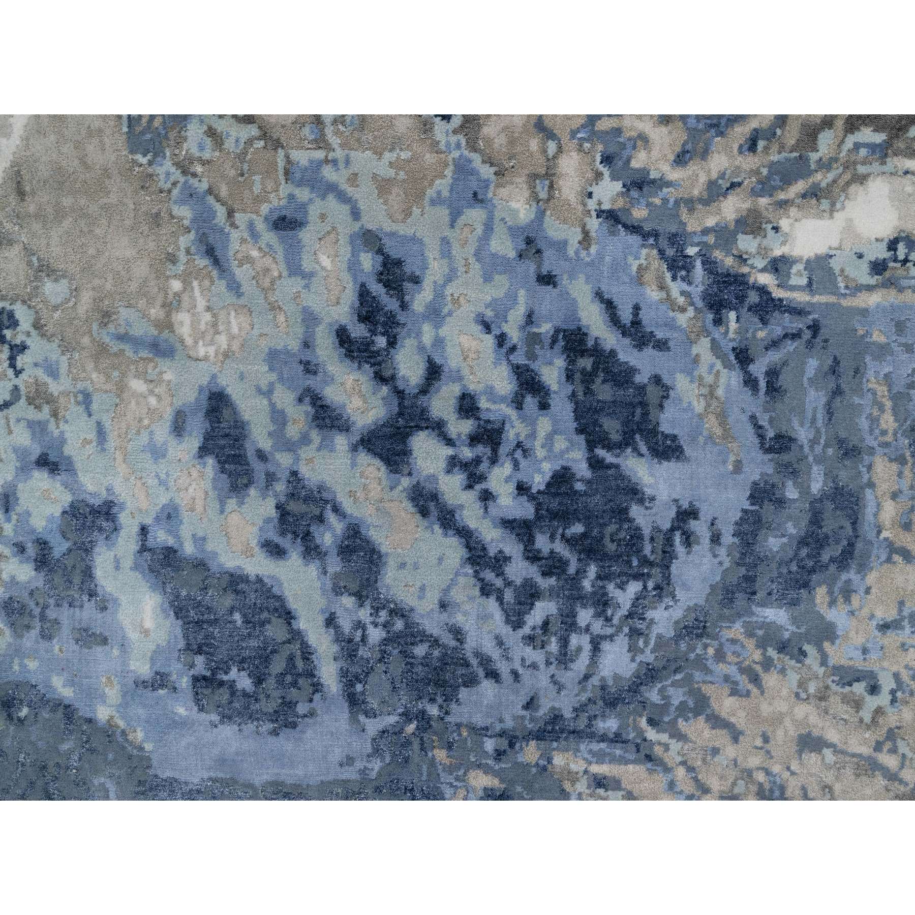 6'1"x9'1" Denim Blue with Ivory, Lush and Plush, Abstract Design, Wool and Silk, Hi-low Pile, Hand Knotted, Oriental Rug Sh91212