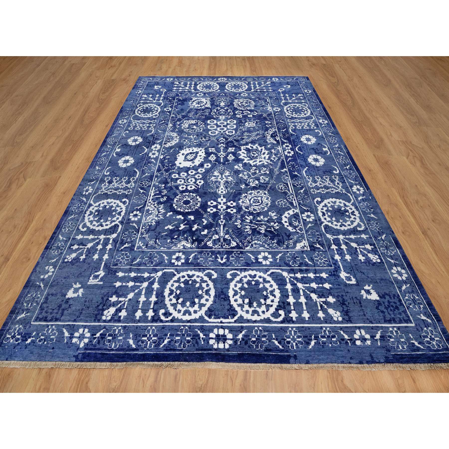 9'x12'3" Yale Blue, Tabriz with All Over Leaf Motifs, Hand Knotted, Tone on Tone, Wool and Silk, Oriental Rug Sh91213