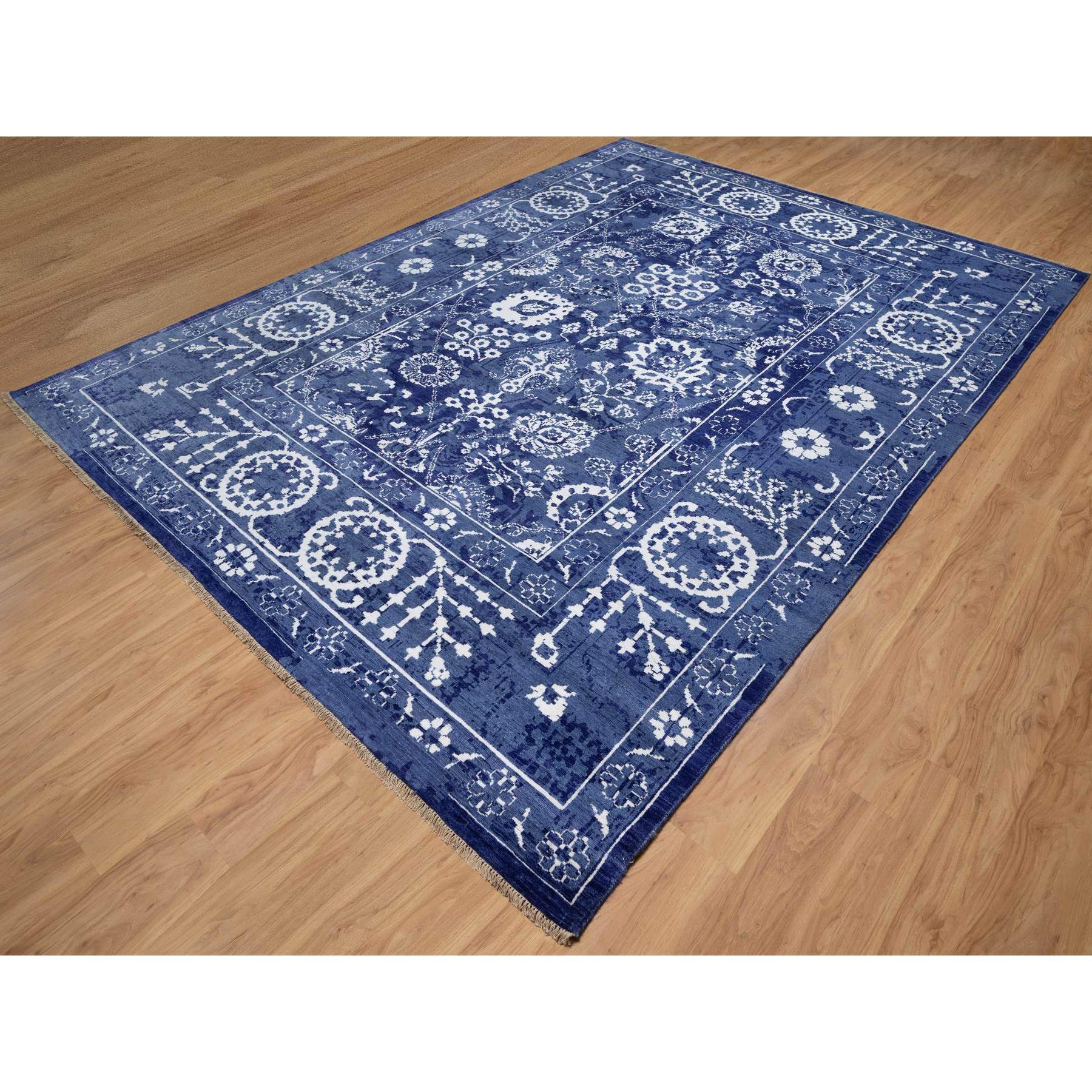 9'x12'3" Yale Blue, Tabriz with All Over Leaf Motifs, Hand Knotted, Tone on Tone, Wool and Silk, Oriental Rug Sh91213