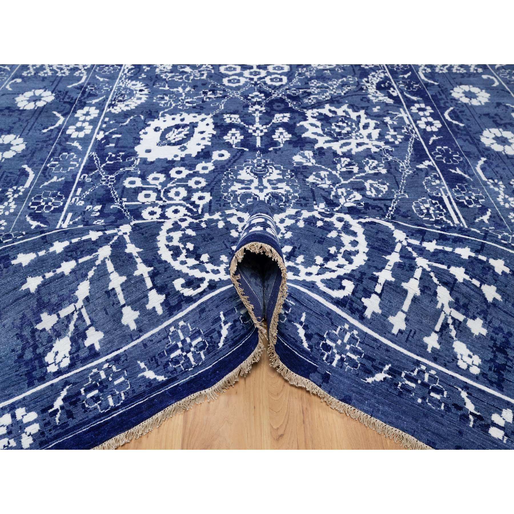 9'x12'3" Yale Blue, Tabriz with All Over Leaf Motifs, Hand Knotted, Tone on Tone, Wool and Silk, Oriental Rug Sh91213