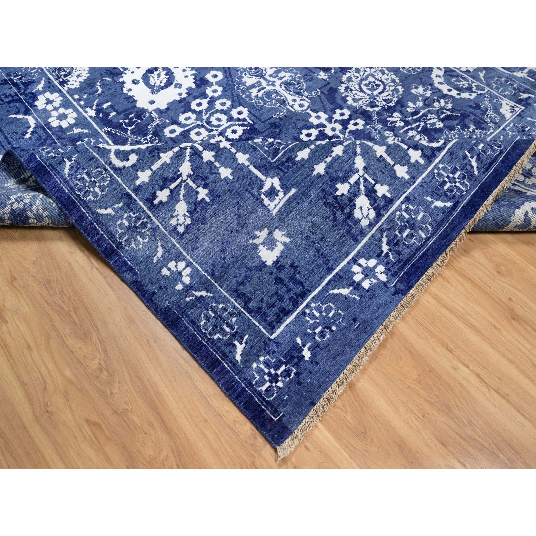 9'x12'3" Yale Blue, Tabriz with All Over Leaf Motifs, Hand Knotted, Tone on Tone, Wool and Silk, Oriental Rug Sh91213