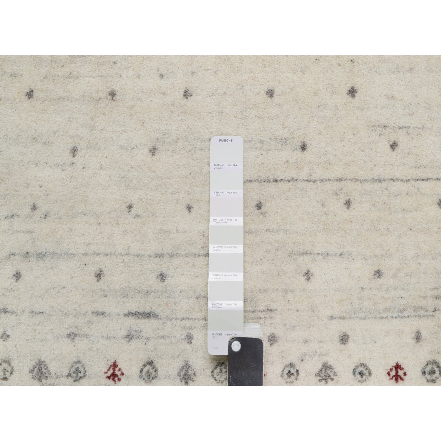 7'9"x9'8" Chiffon White with Brown, Pure Wool, Lori Buft Gabbeh with Small Animal Figurines, Modern Striae Design, Thick and Plush, Soft Pile, Hand Knotted, Oriental Rug Sh91218