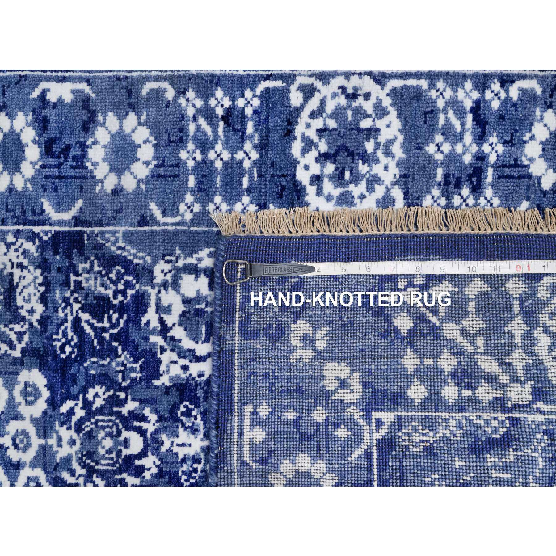 2'7"x11'10" Infinity Blue with Ivory, Hand Knotted, Tone on Tone, Tabriz with All Over Leaf Design, Wool and Silk, Runner, Oriental Rug Sh91223