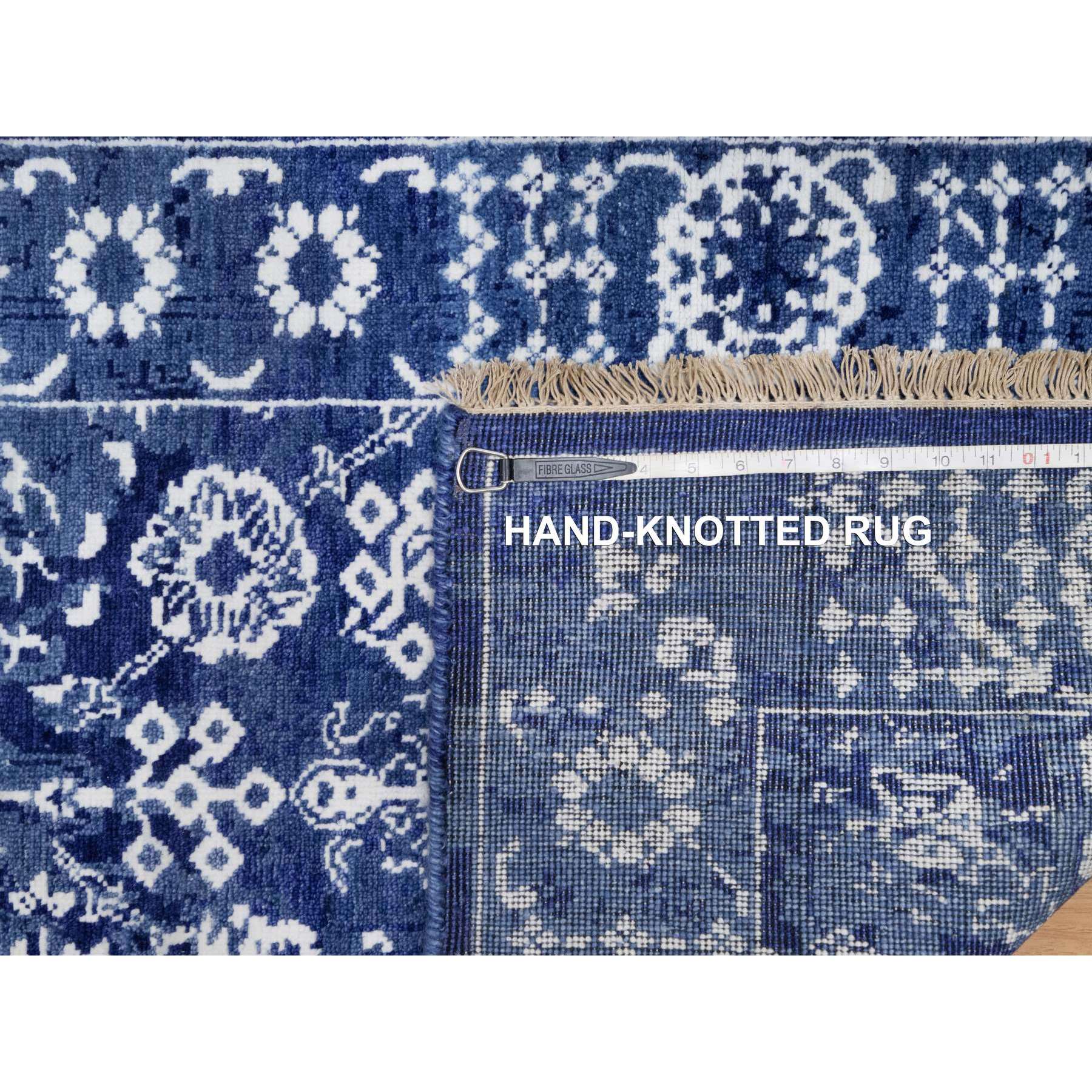 2'7"x10' Nova Blue, Tabriz with All Over Leaf Motif, Hand Knotted, Tone on Tone, Lush and Plush, Wool and Silk, Runner, Oriental Rug Sh91224